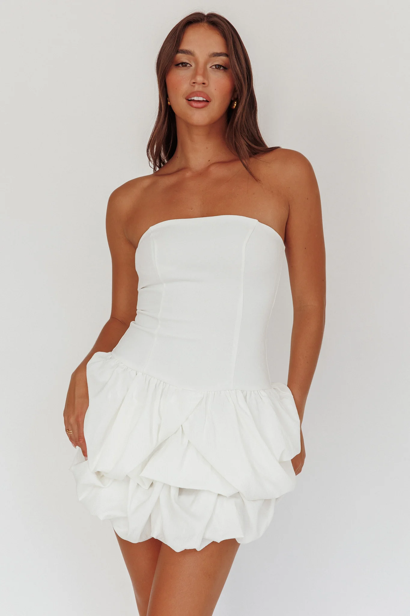 Nefiti Strapless Layered Bubble Hem Dress White