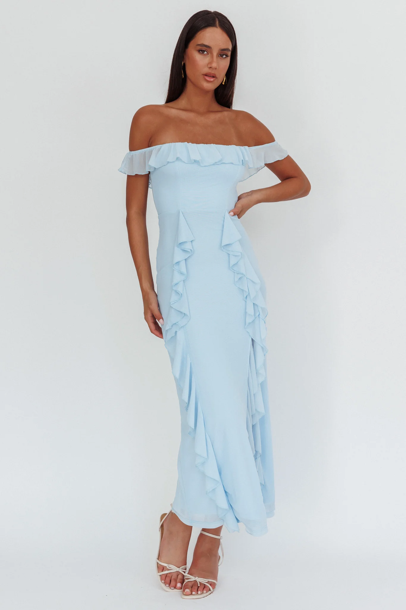 Flamenco Off-Shoulder Ruffle Maxi Dress Blue