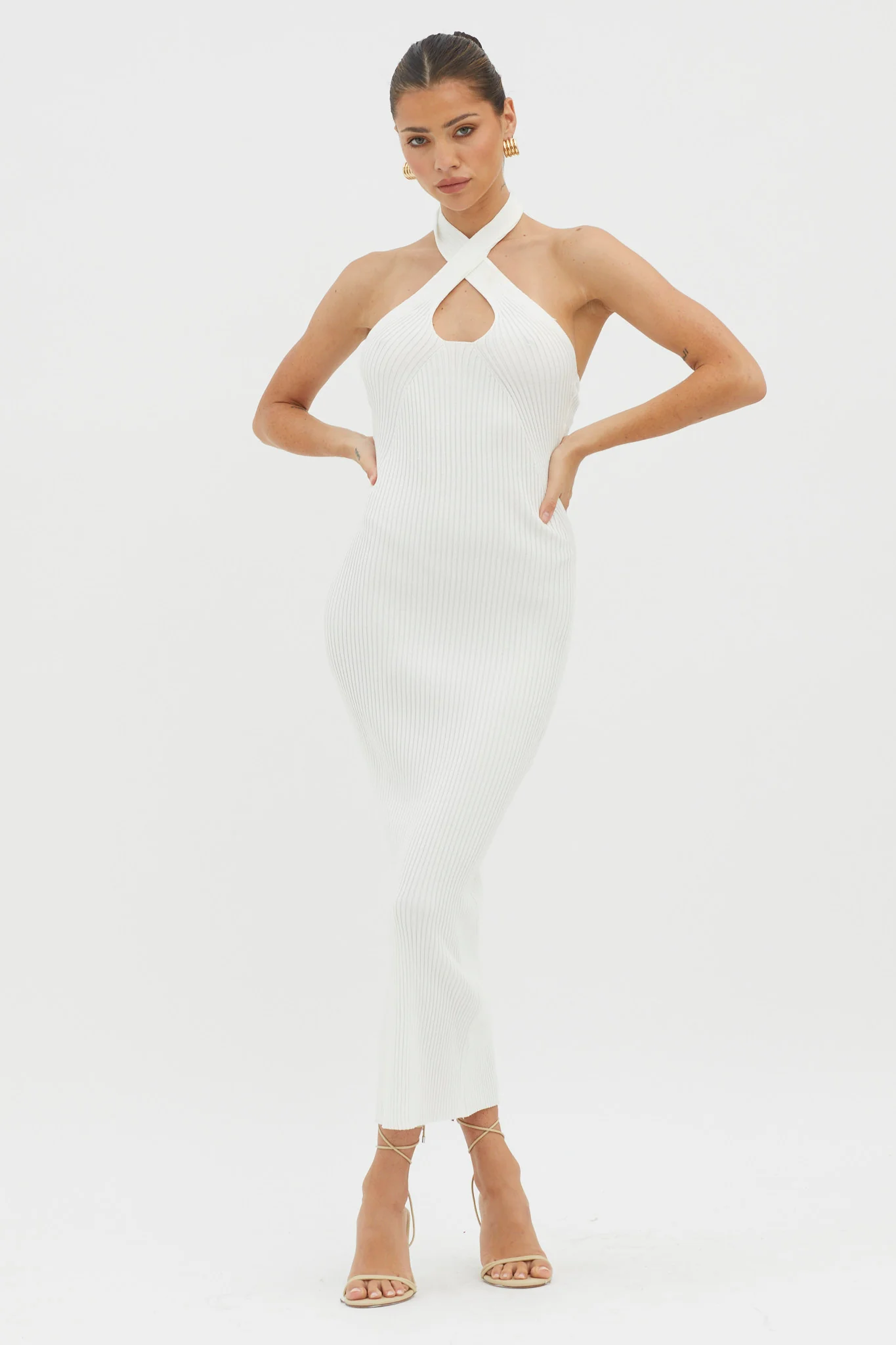Lovelock Halterneck Ribbed Knit Midi Dress White
