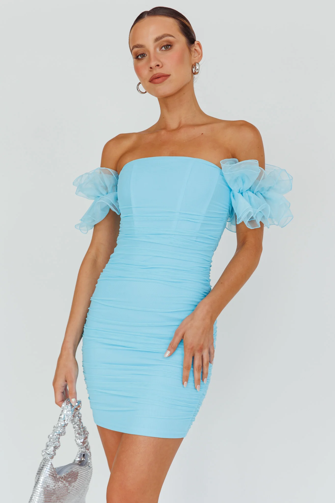 Star Dust Off-Shoulder Frill Sleeve Mini Dress Baby Blue