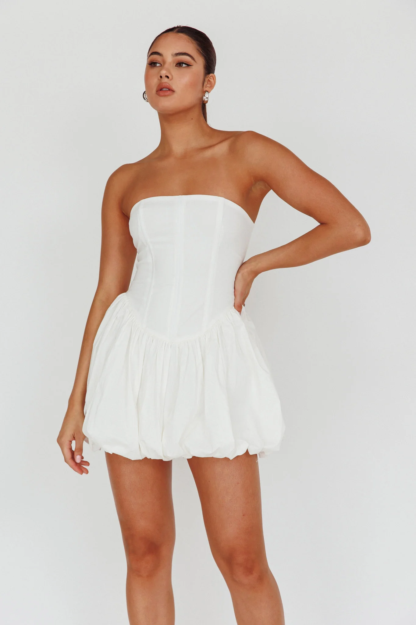 Monti Strapless Bubble Hem Mini Dress White