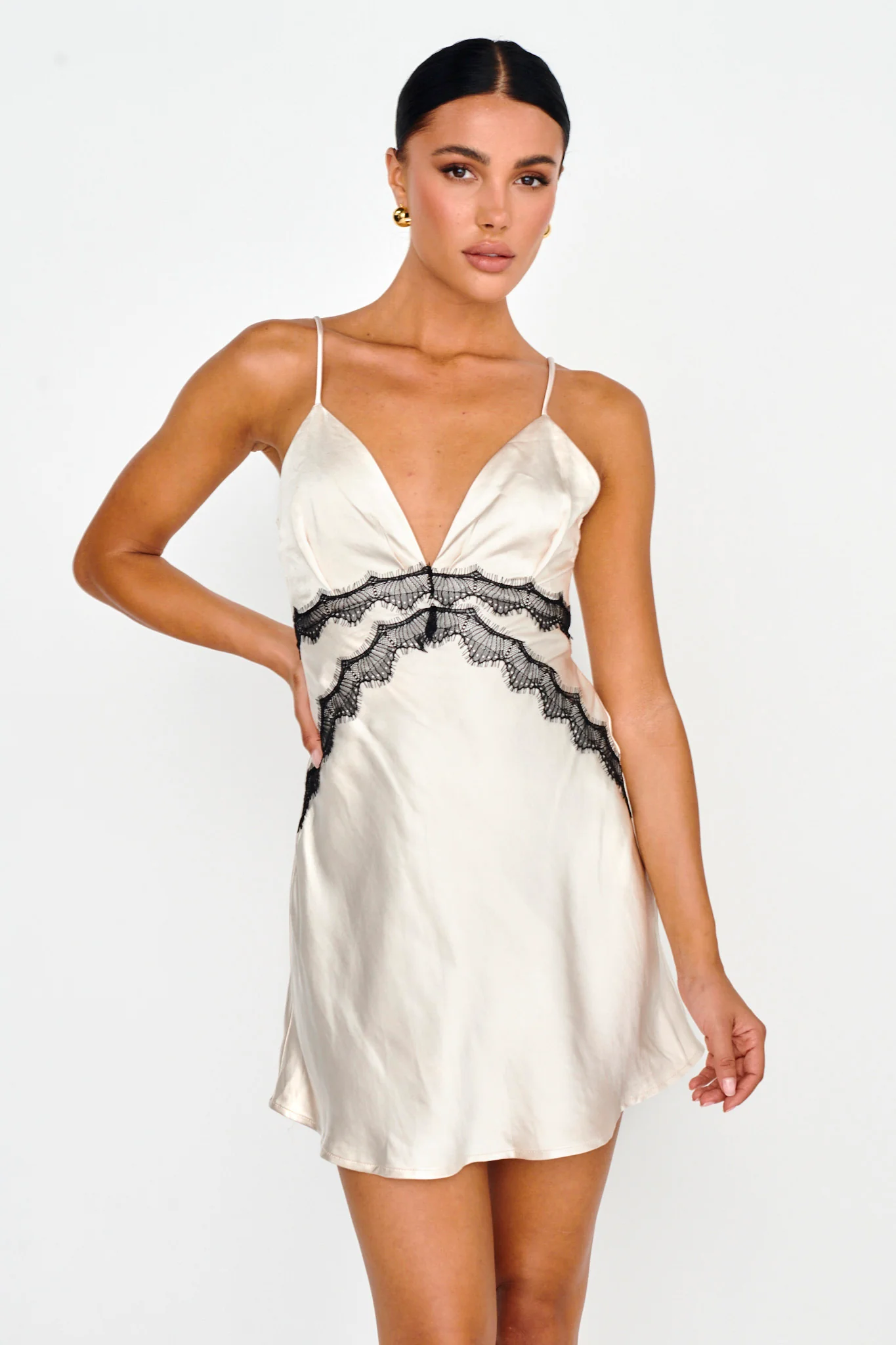 Theriz Lace Trim Cami Mini Dress Champagne