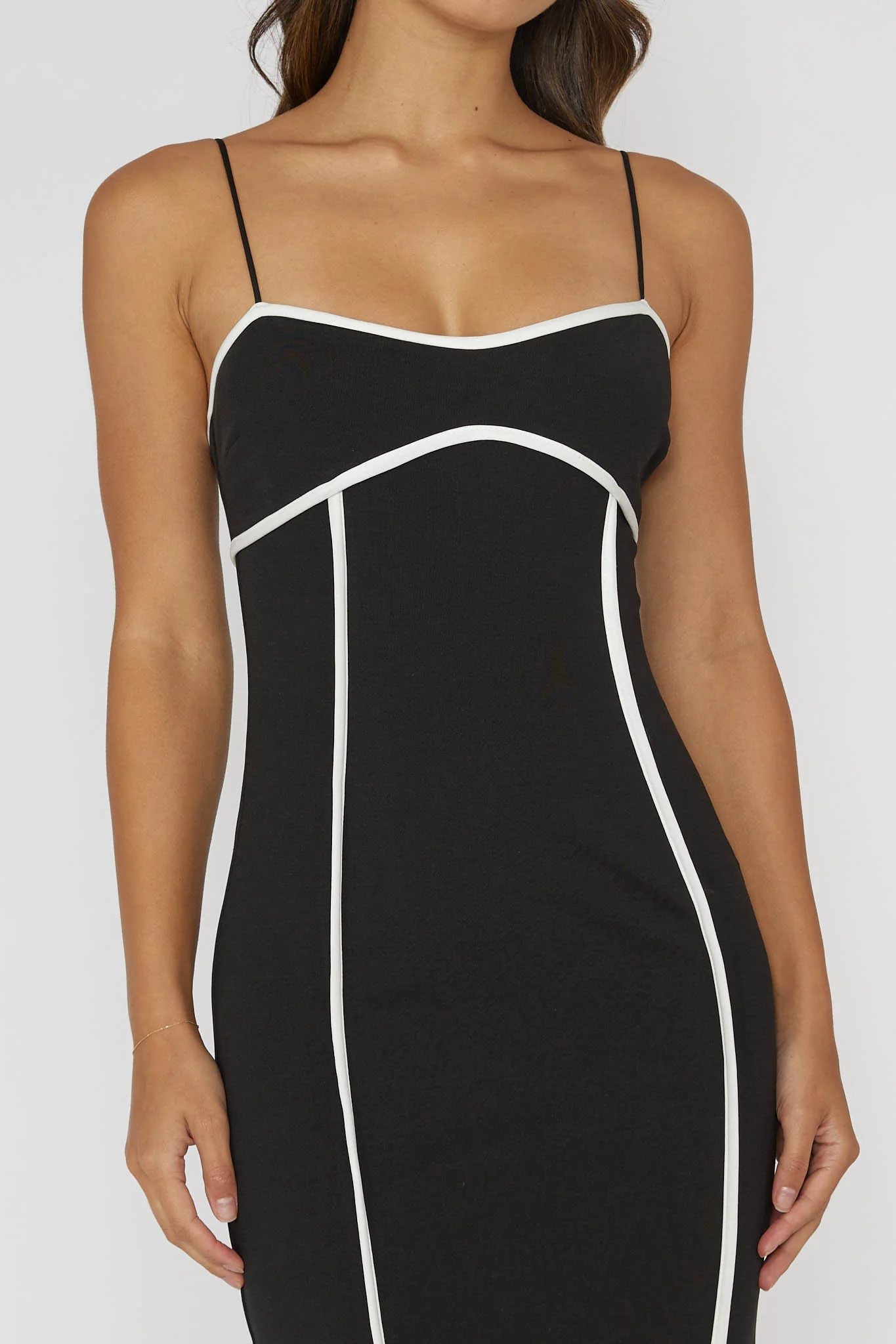 Justyna Contrast Piping Trim Midi Dress Black