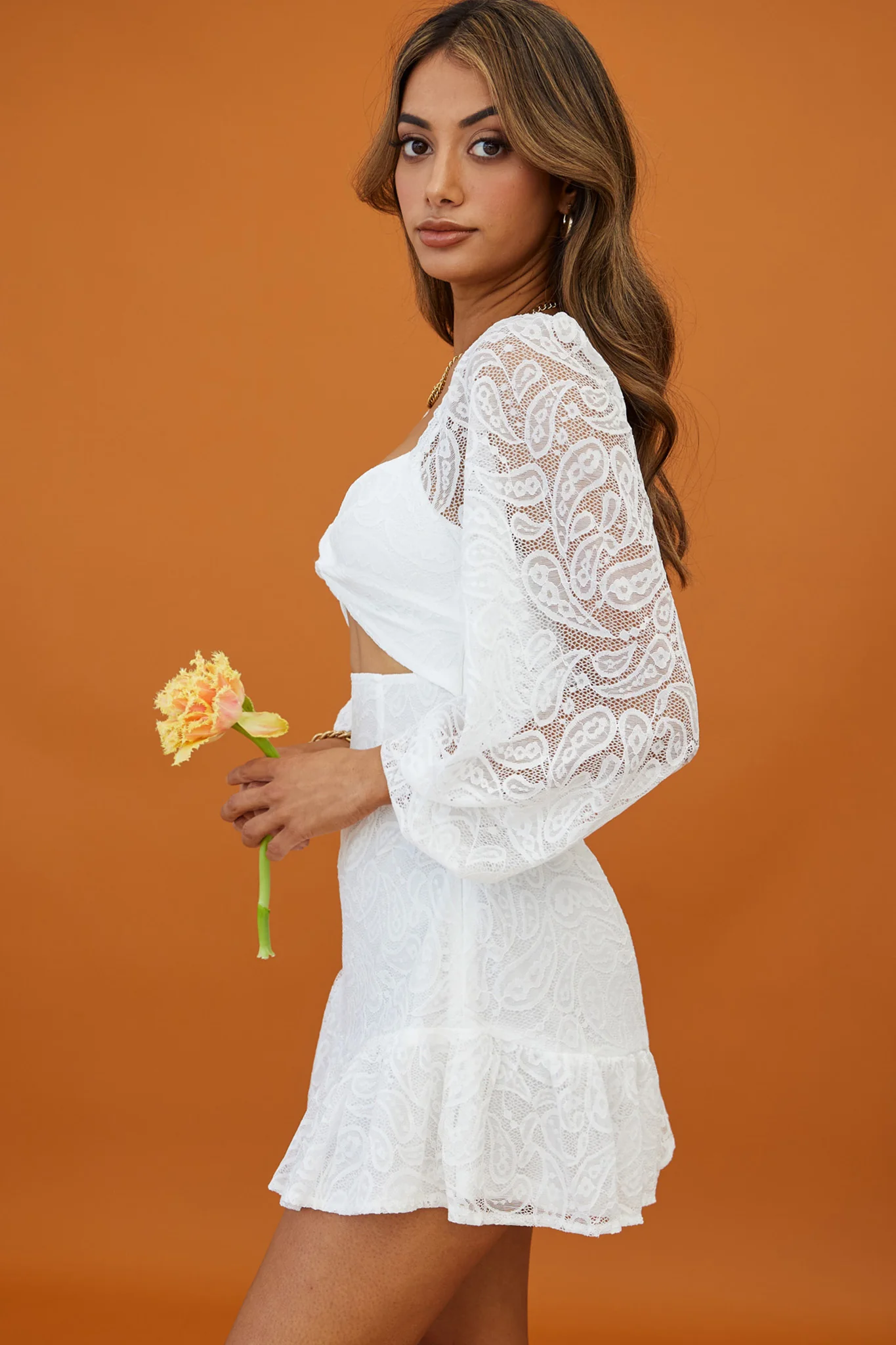 La La Land Twisted Bust & Back Paisley Lace Mini Dress White