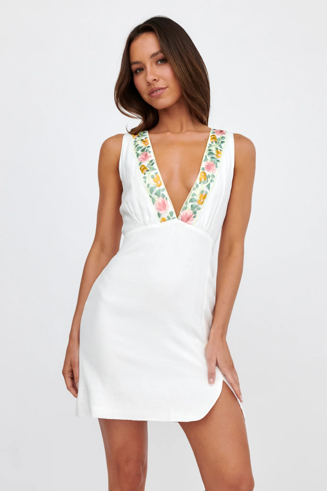 Cozumel V-Neck Embroidered Mini Dress White