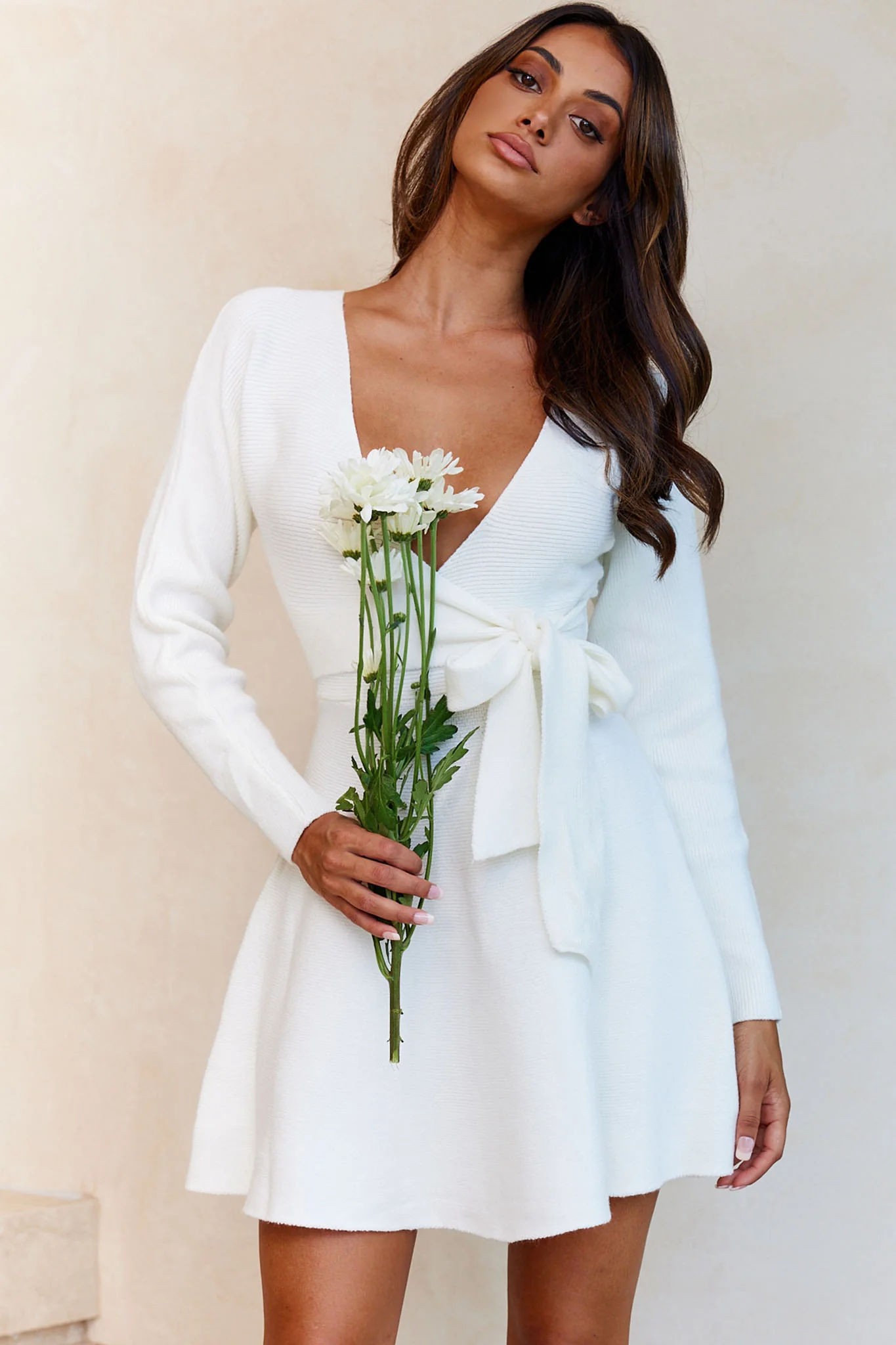 Shooting Star Long Sleeve Side Tie Knit Dress White