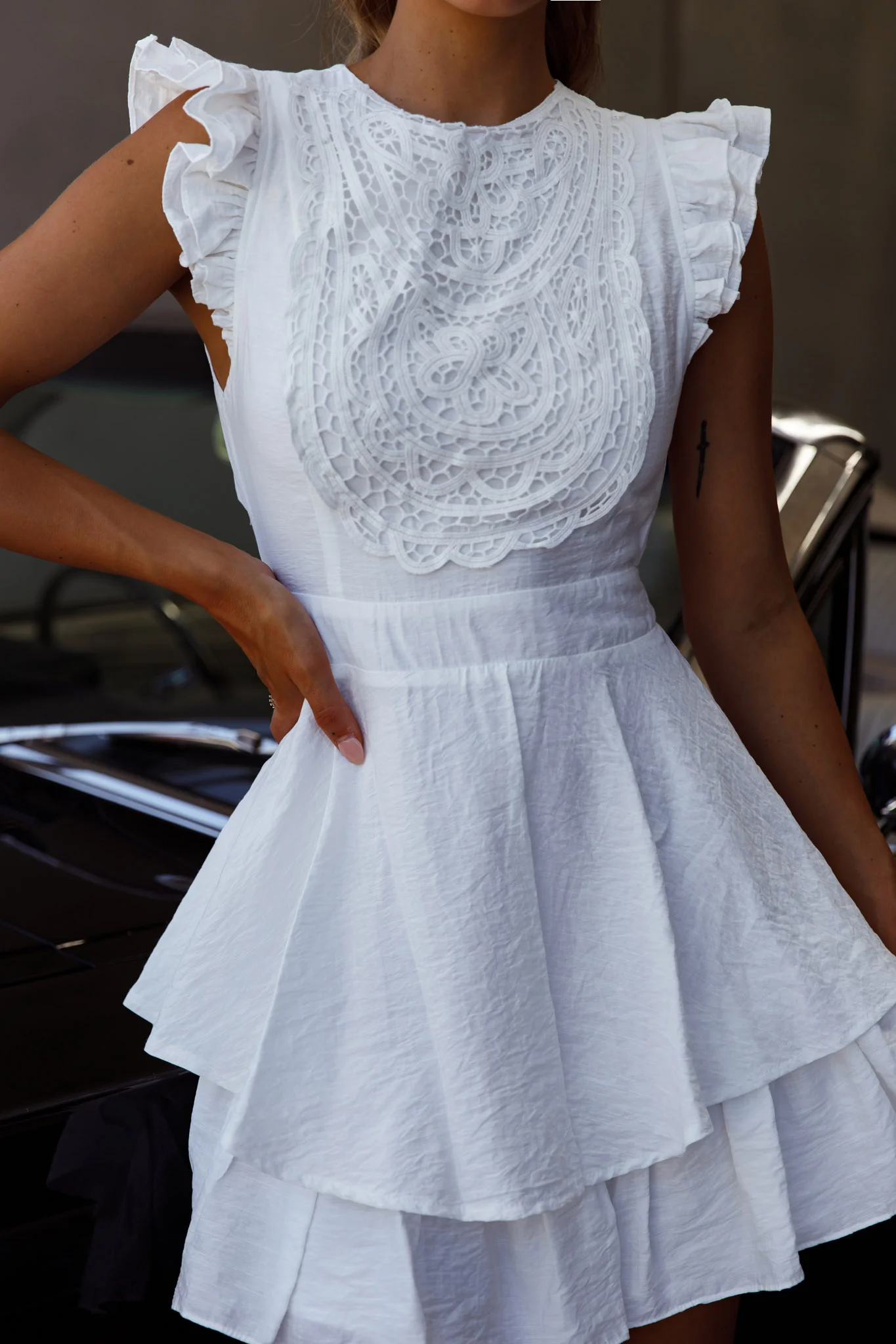 Nellie Lace Bust High Neck Dress White