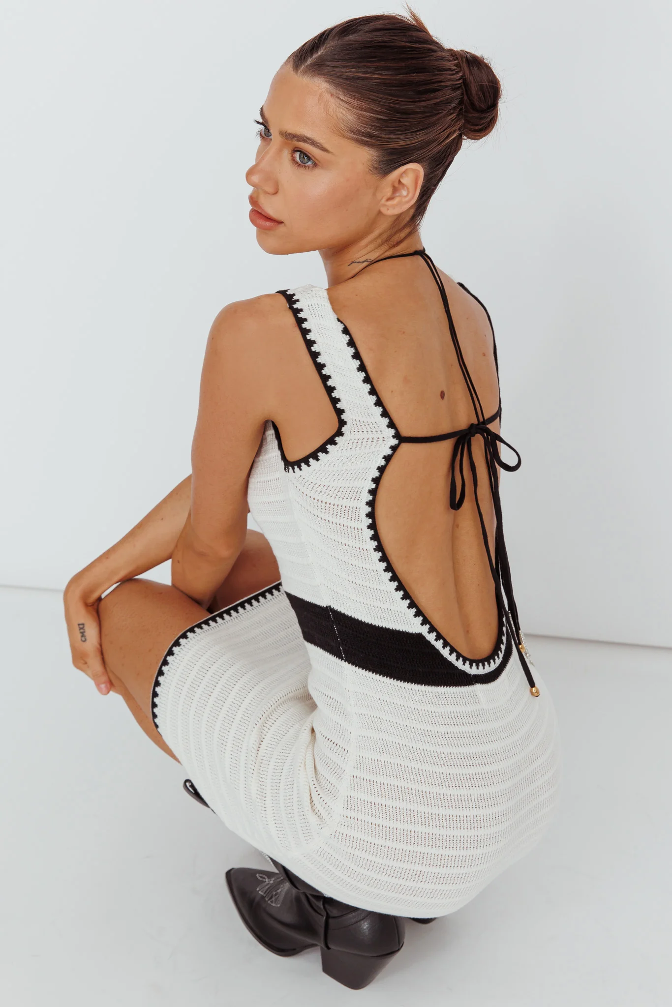 Mica Low Back Crochet Mini Dress Off White