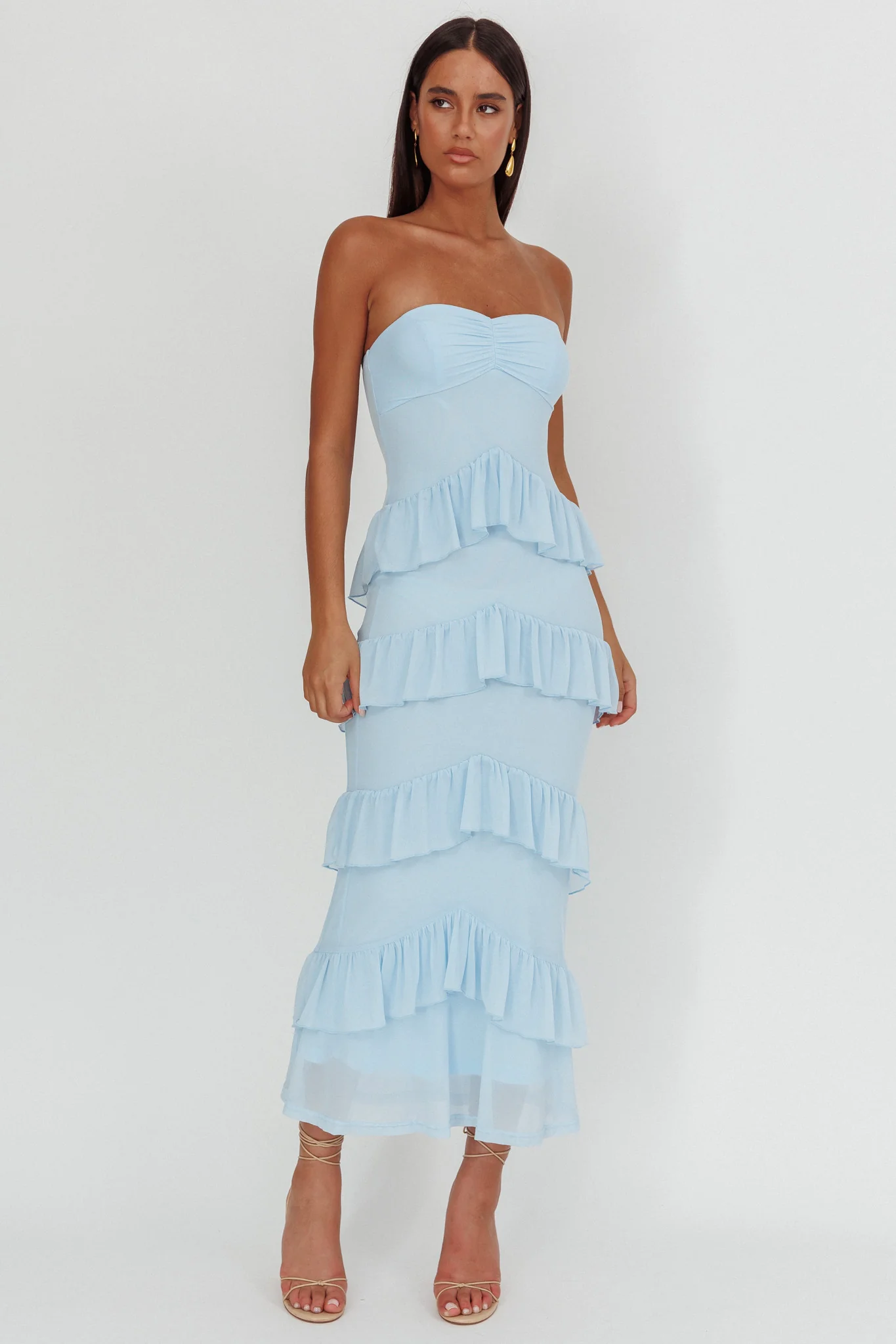 Dulce Dreams Sweetheart Neckline Frill Maxi Dress Blue