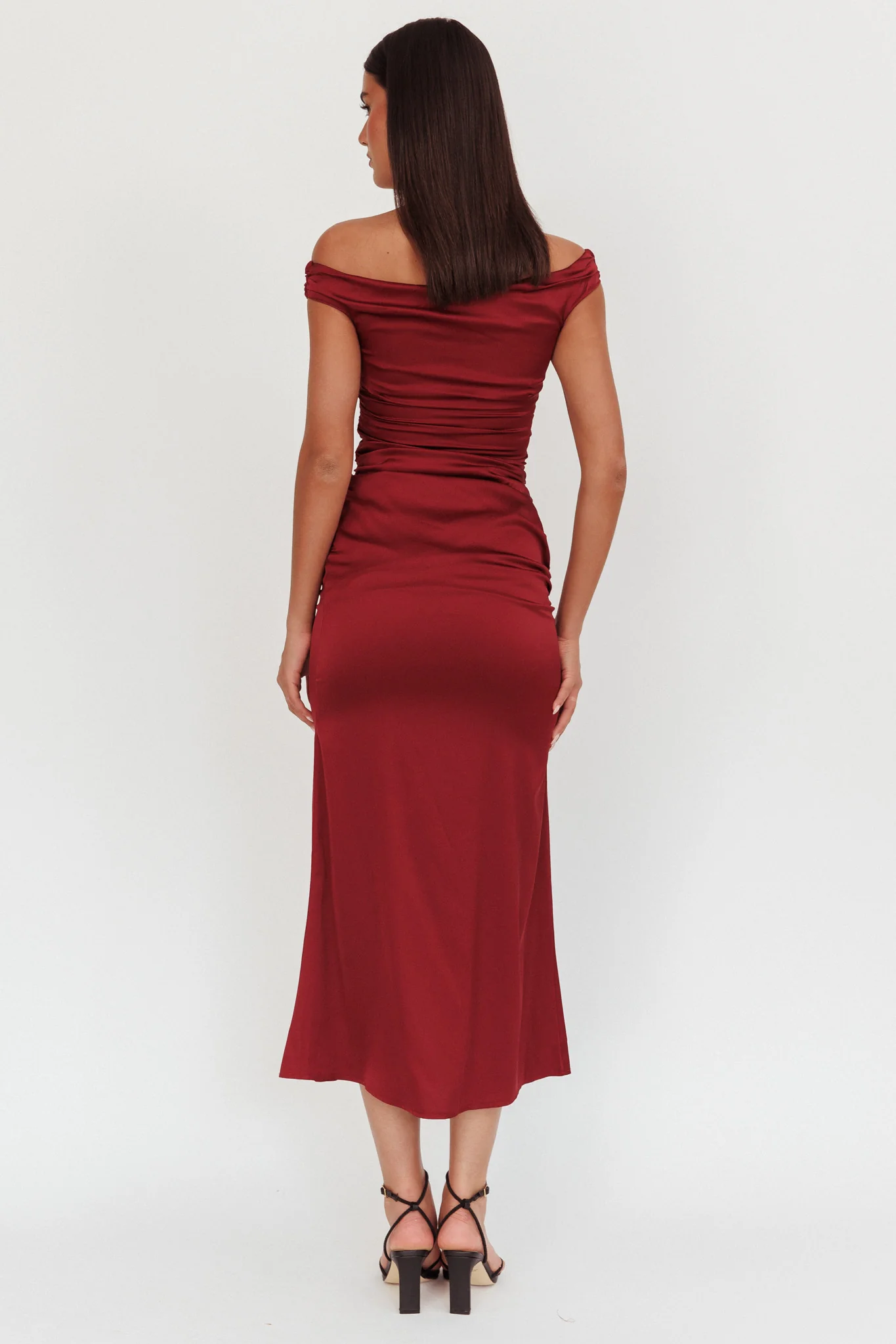 In Blooms Off Shoulder Satin Maxi Dress Wine