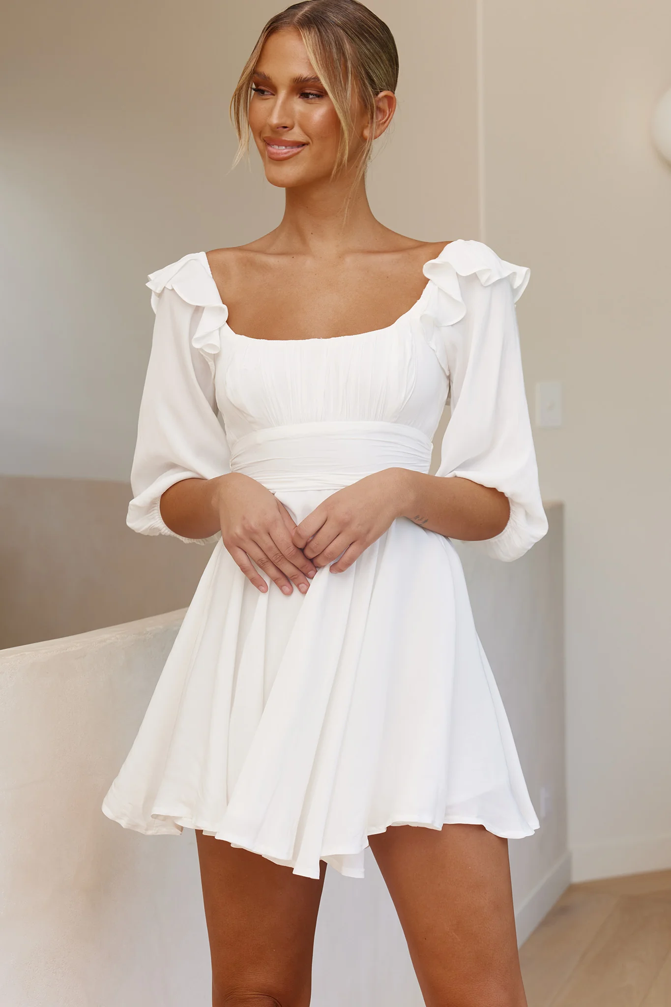 Only Yours Frill Trim Waist Tie Satin Mini Dress White