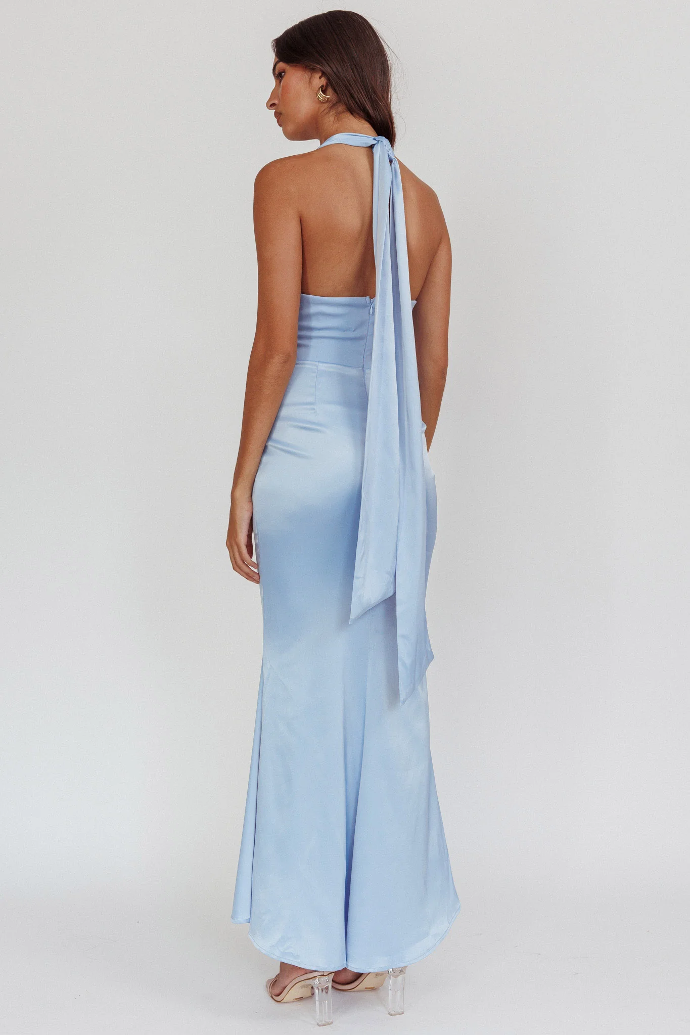 Italia Azure Pleat Bodice Halterneck Maxi Dress Light Blue