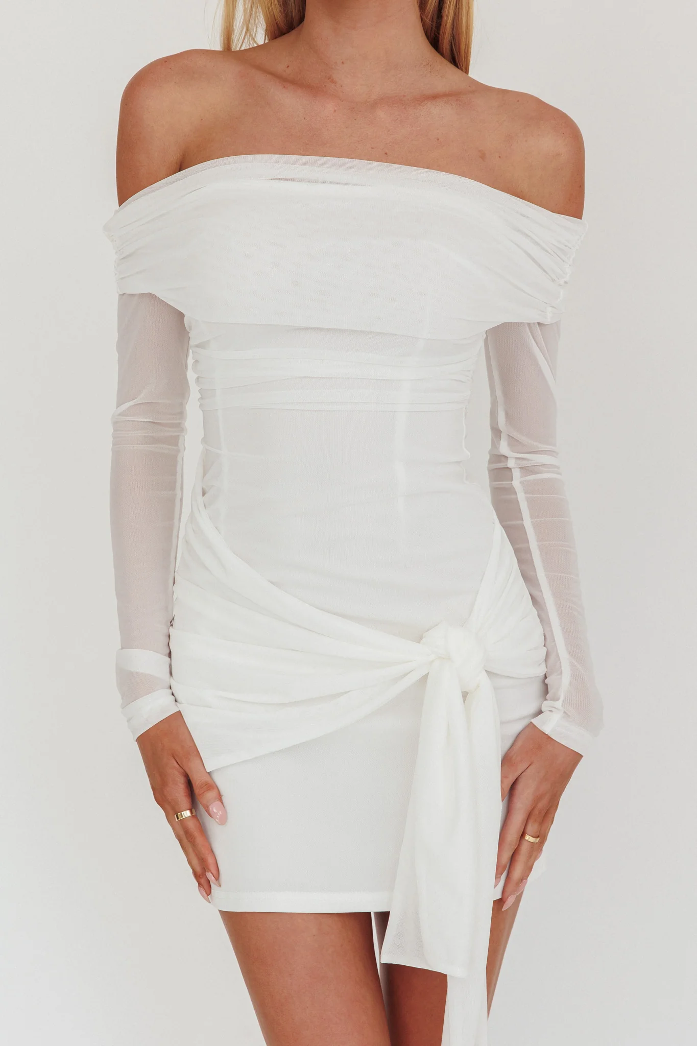 Dangerous Off Shoulder Waist Tie Mini Dress White