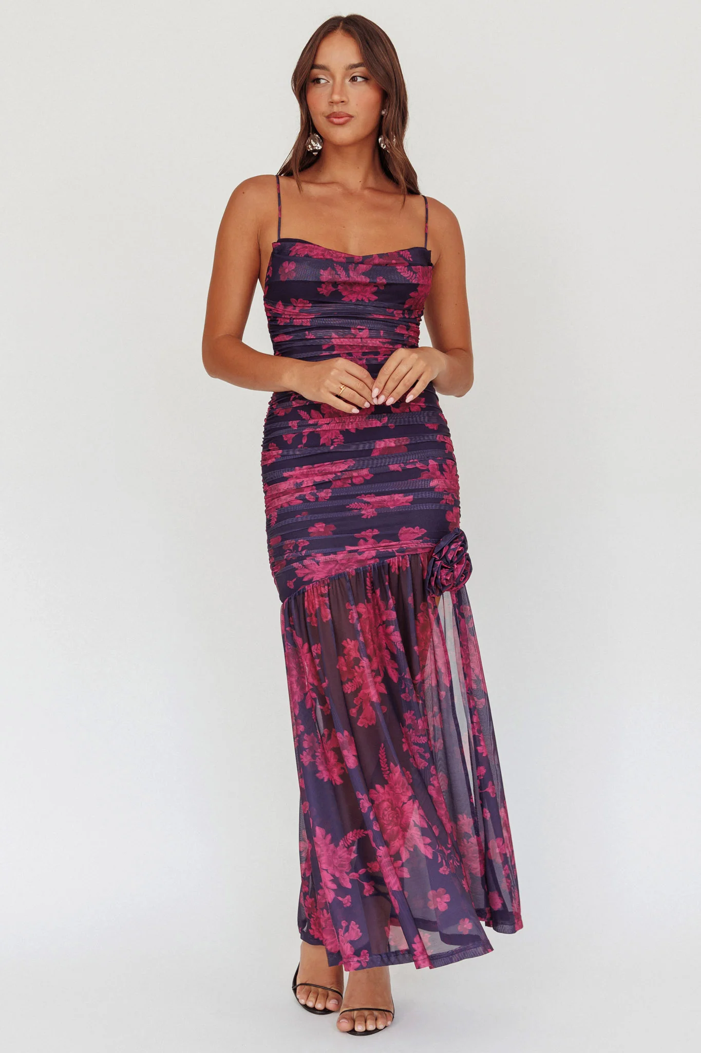 Stole The Show Ruched Mesh Maxi Dress Floral Grape