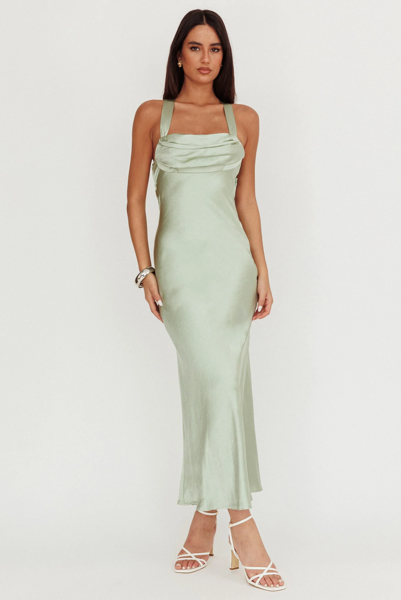 Favorite Part Crossover Back Satin Maxi Dress Sage
