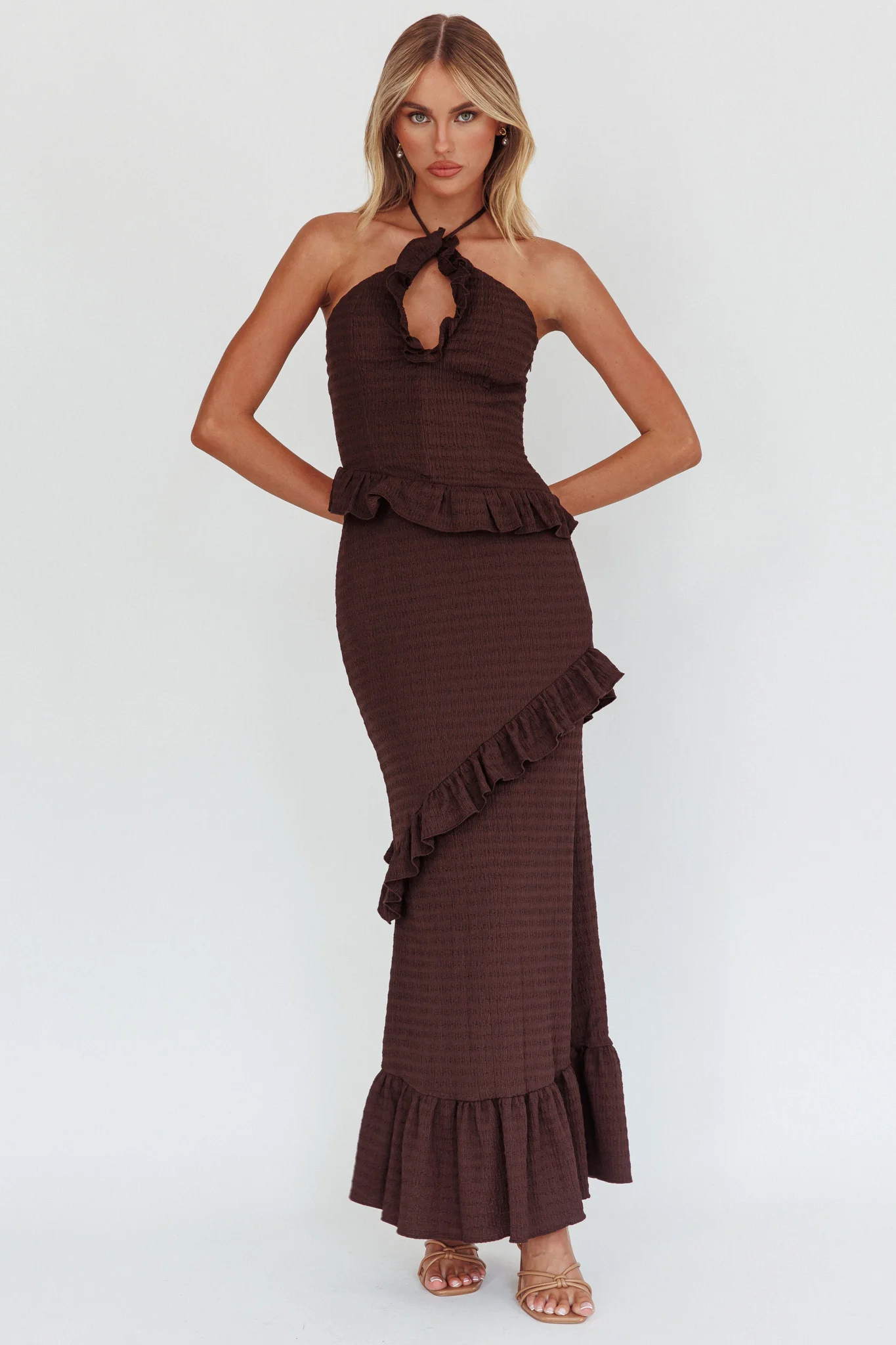 Clemence Smocked Frill Trim Maxi Dress Chocolate