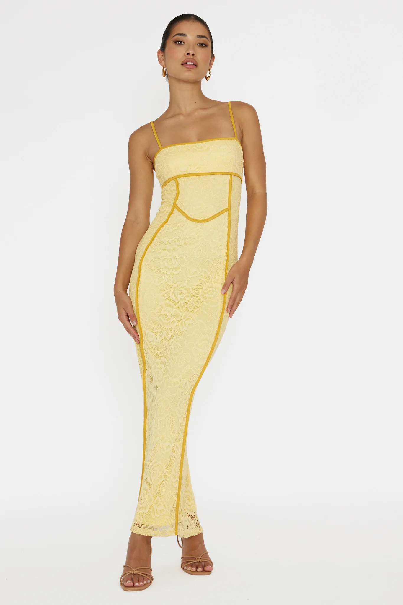 Inga Lace Piping Trim Midi Dress Yellow