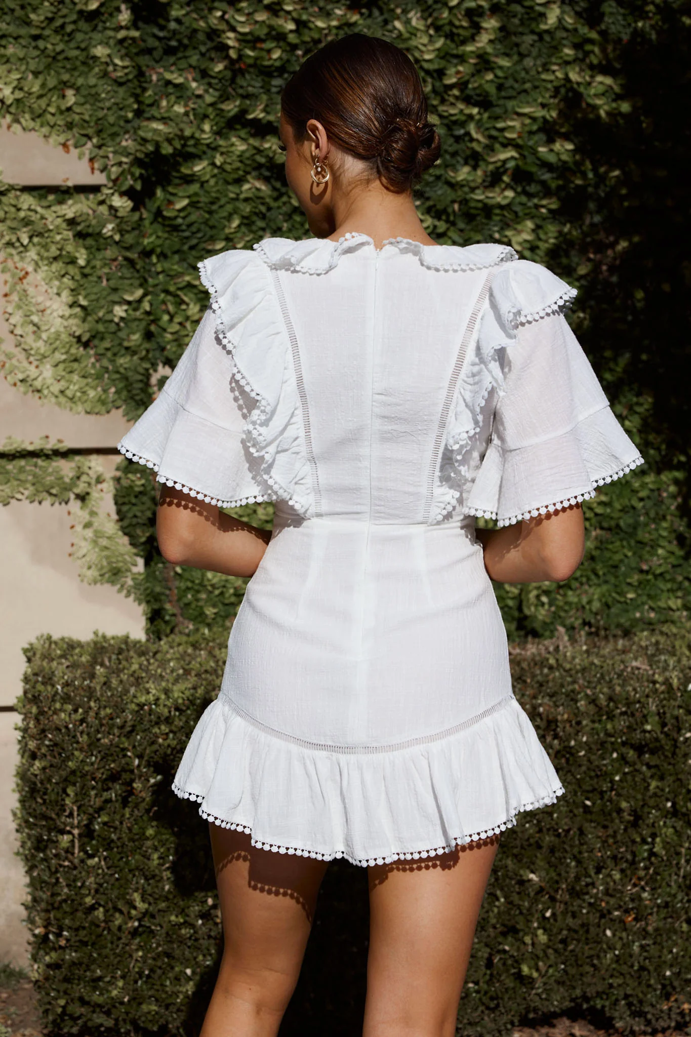 Shay Ruffle Lace Trim Mini Dress White