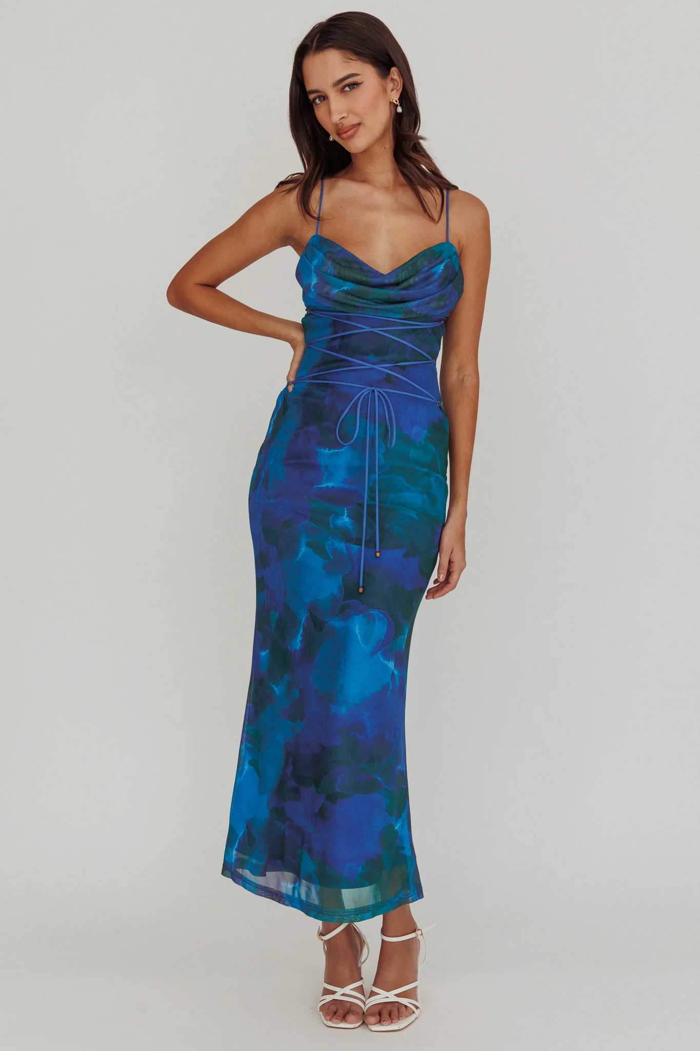 Teava Laced Waist Maxi Dress Print Blue