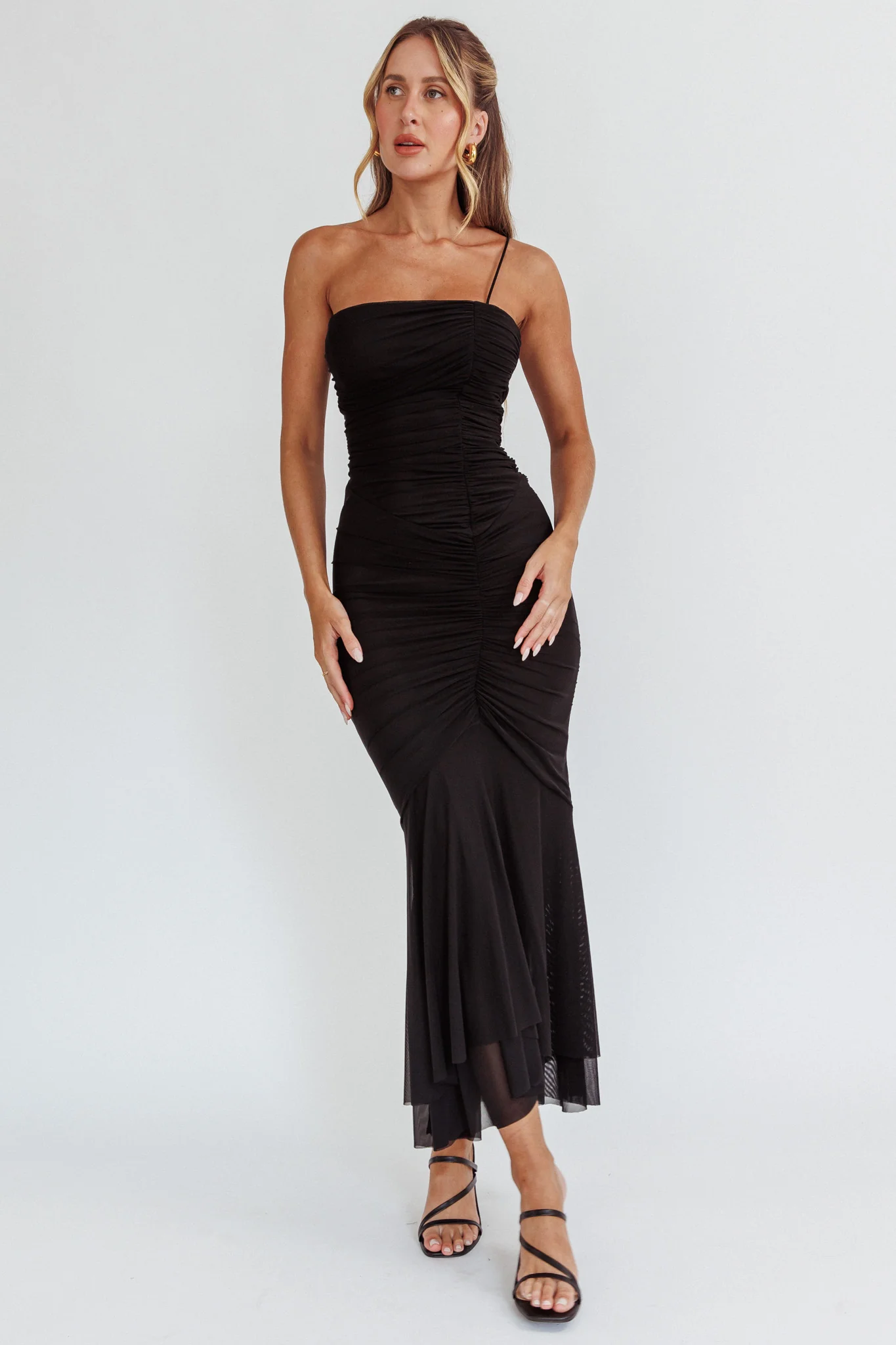 By Chance One Strap Ruched Maxi Dress Black