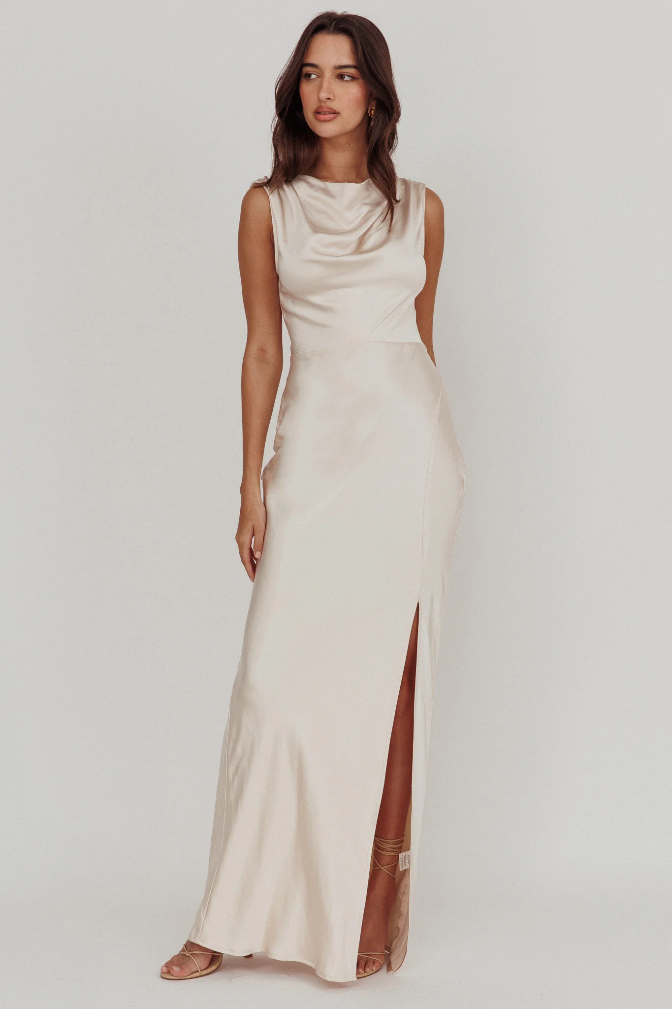 Jinora Cowl Neck Leg Slit Satin Maxi Dress