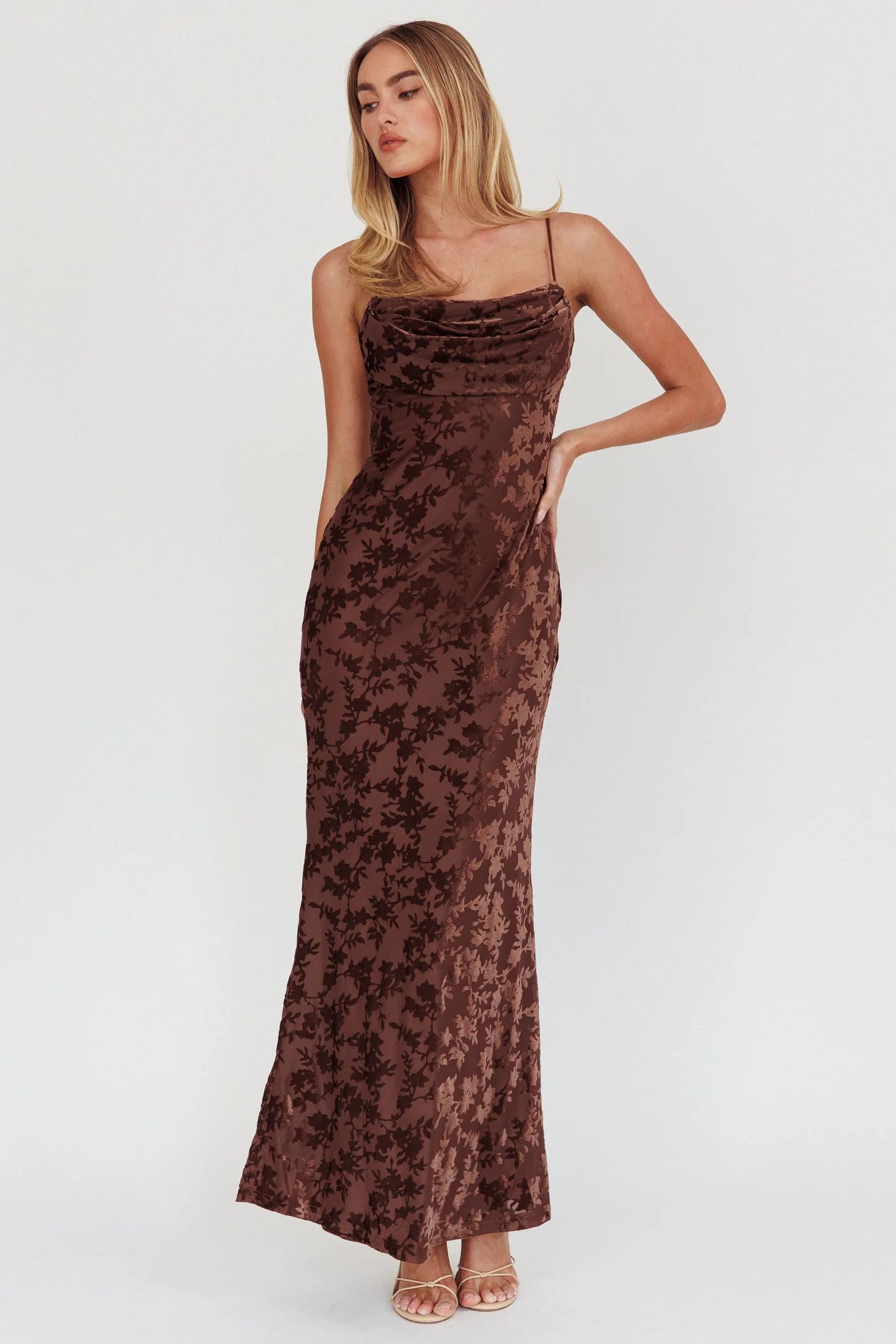 Well Versed Burnout Velvet Maxi Dress Chocolate