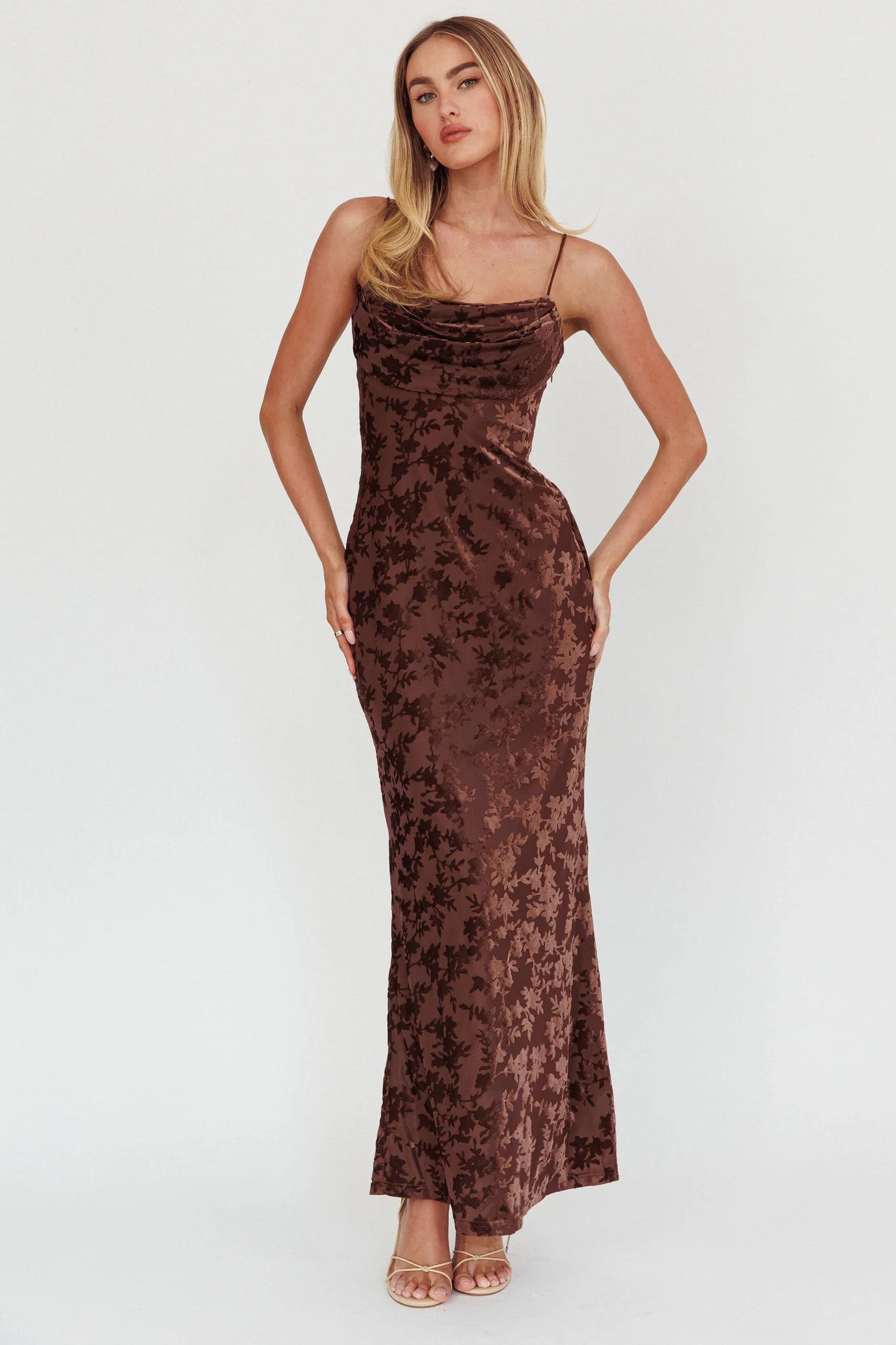 Well Versed Burnout Velvet Maxi Dress Chocolate