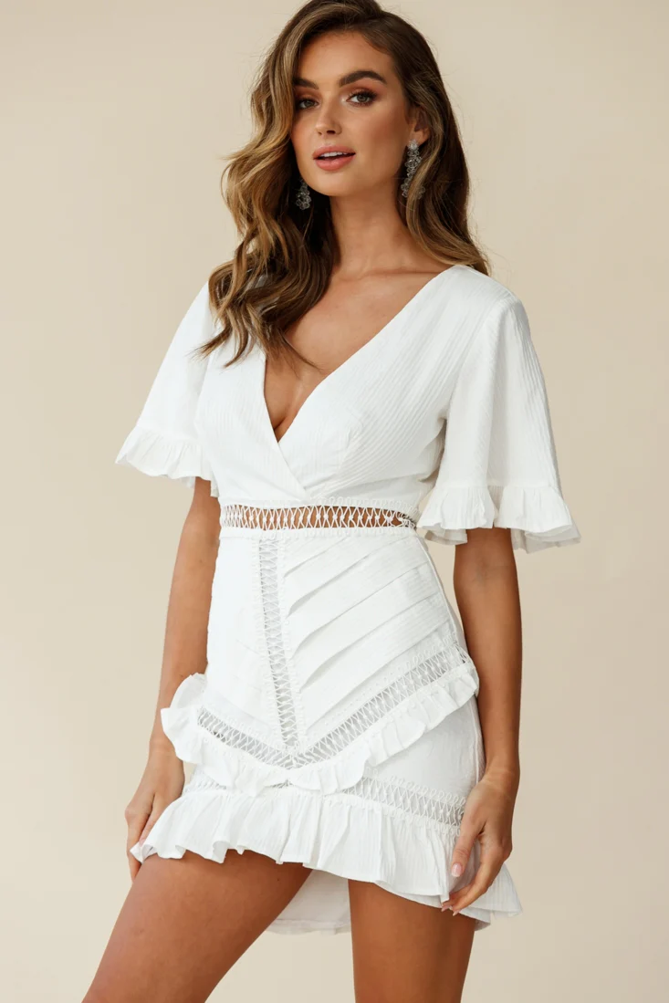 Walk This Way Pintuck Angel Sleeve Dress White