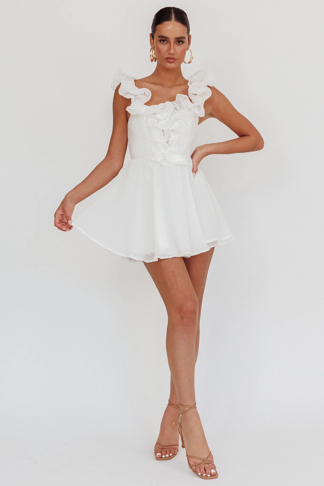 Nivaya Ruffle Neckline Mini Dress White