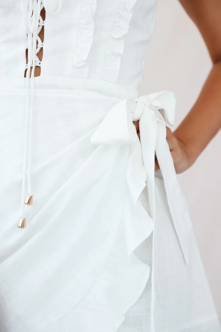 Come Hither Wrap Front Lace-Up Bust Dress White