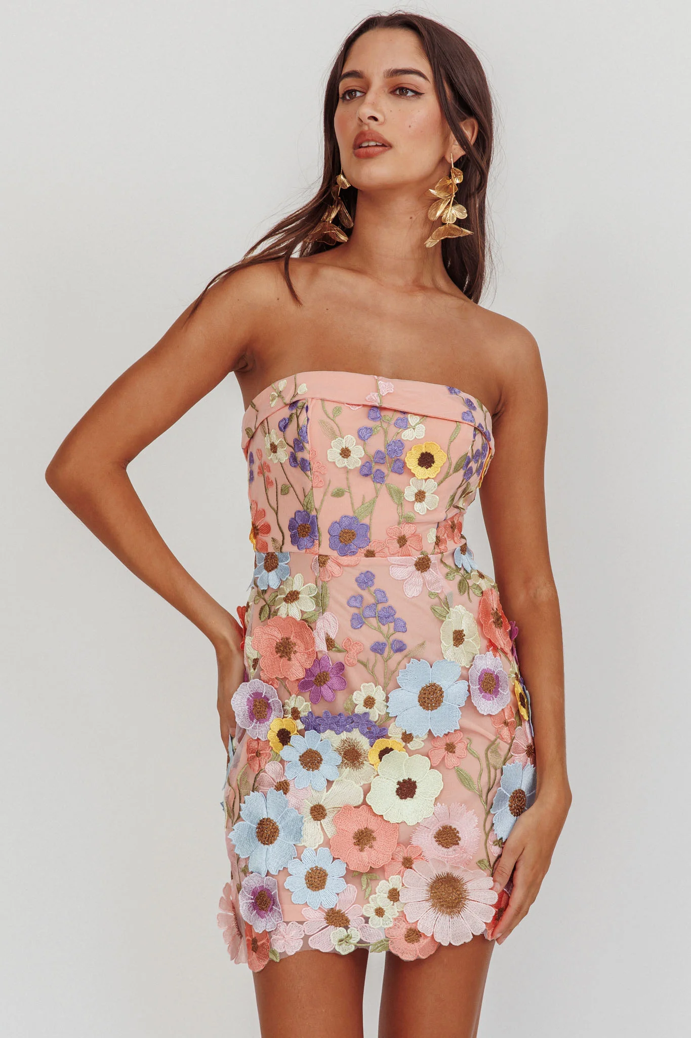 Flora Day Strapless Floral Embellished Mini Dress Pale Pink