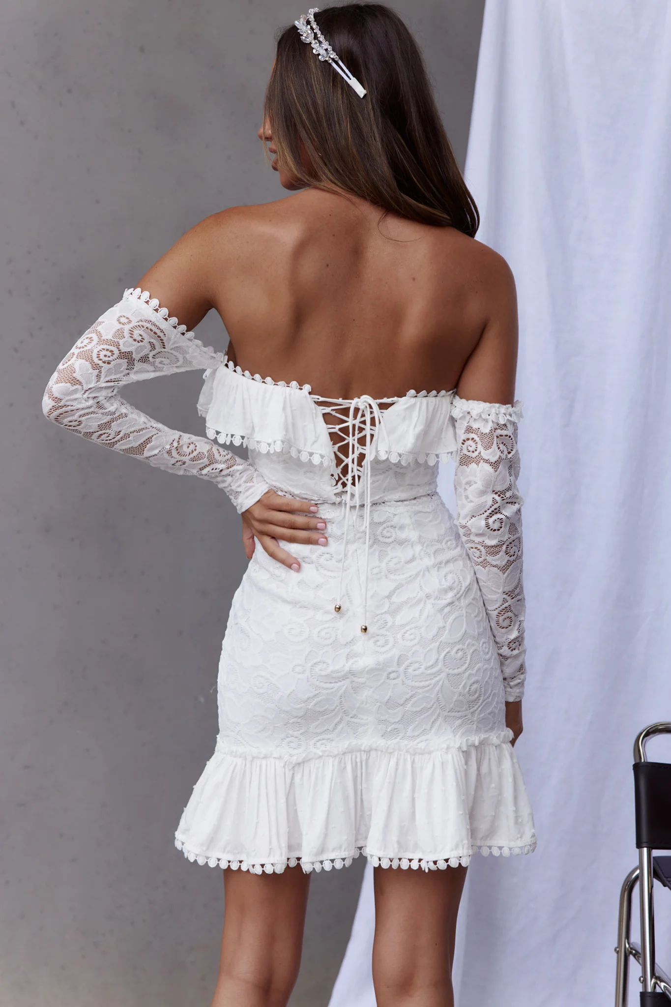 Mae Long Sleeve Sweetheart Crochet Lace Dress White