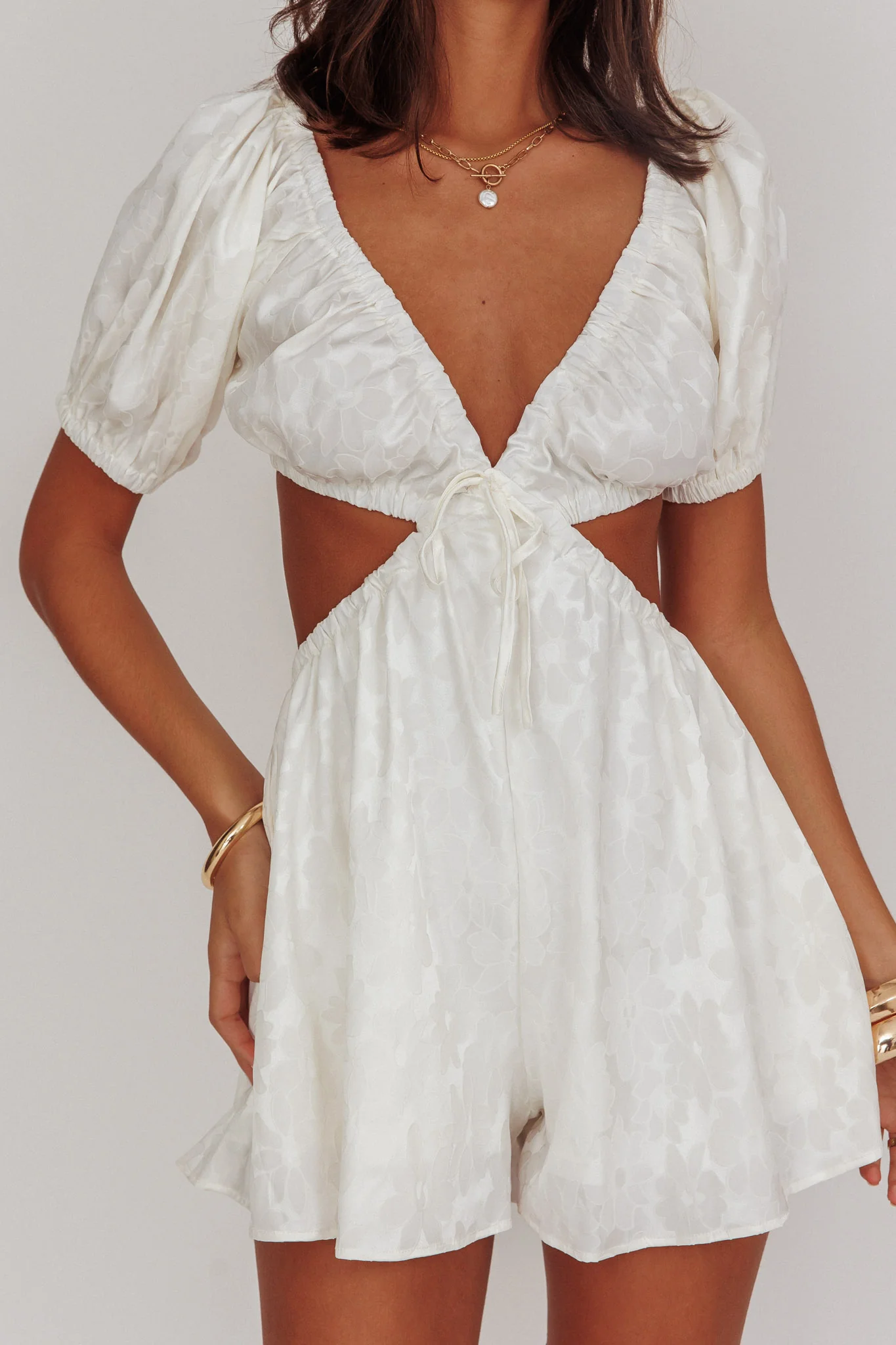 See The Light Puff Sleeves Romper Ivory