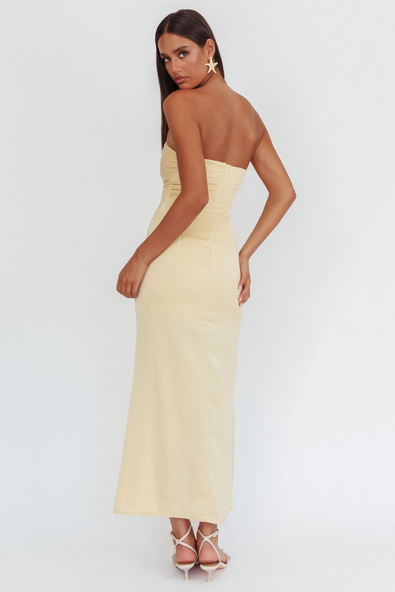 Molinda Strapless Ruched Drawstring Maxi Dress Golden