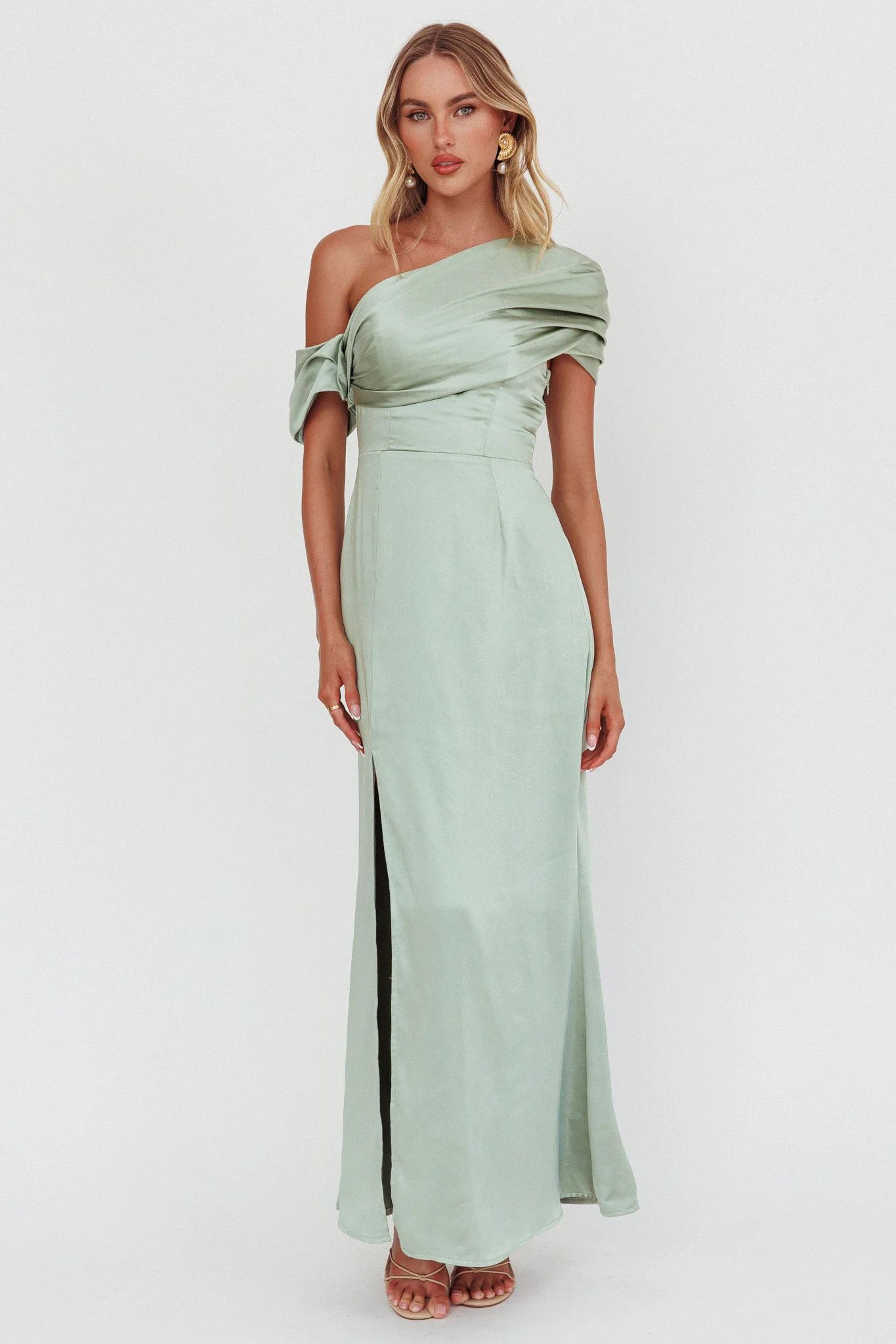 Bellissima Asymmetric Shoulder Maxi Dress Sage