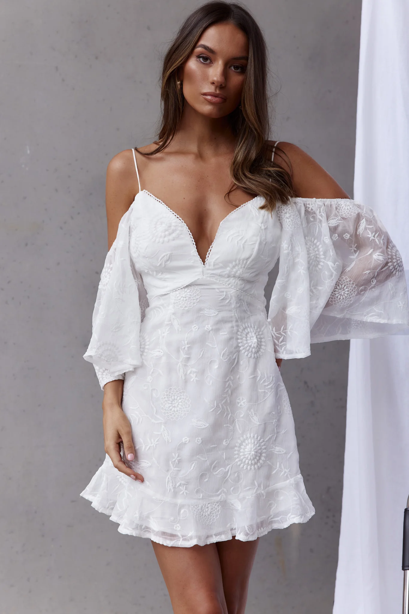 Koda Bell Sleeve Lace-Up Back Mini Dress White