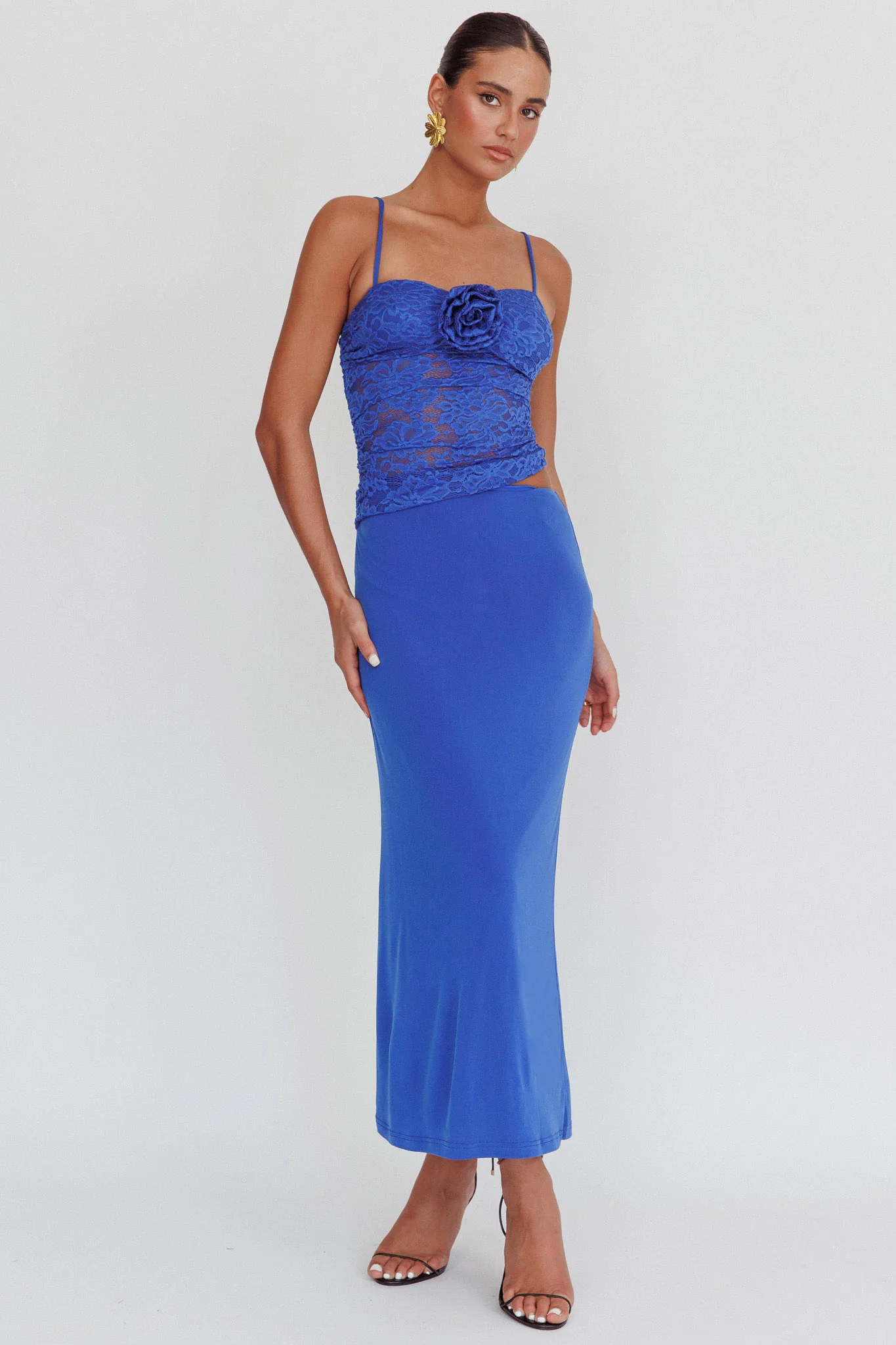 Lorely Lace Rosette Maxi Dress Top Blue