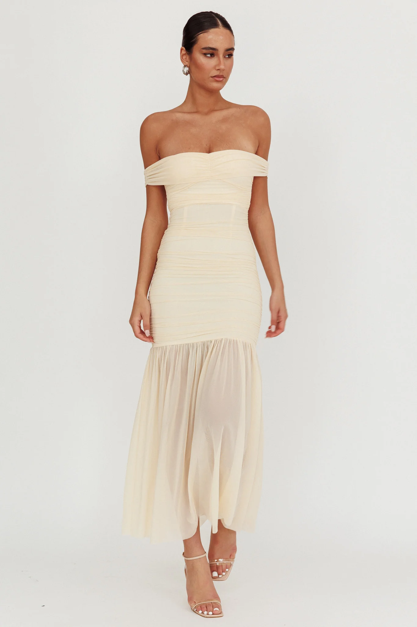 La Salle Off Shoulder Mesh Maxi Dress Ivory