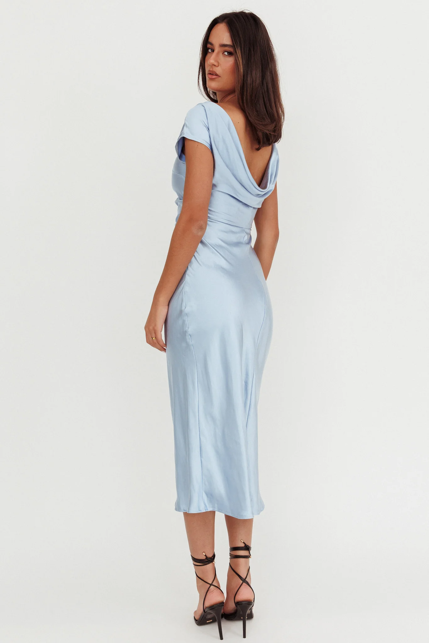 Loveland Cap Sleeve Cowl Back Midi Dress Baby Blue
