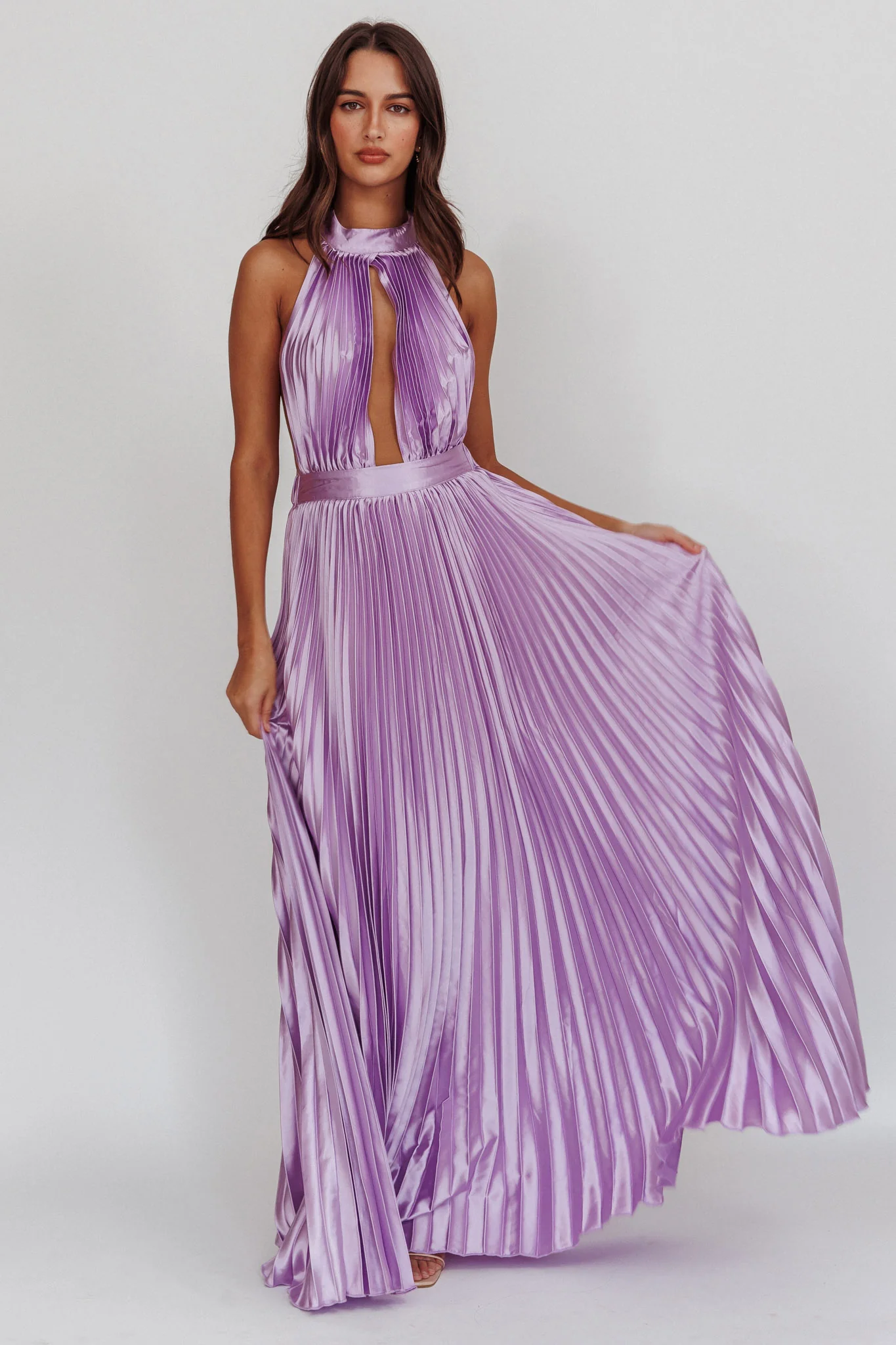 Monarch Pleated Satin Maxi Dress Lavender