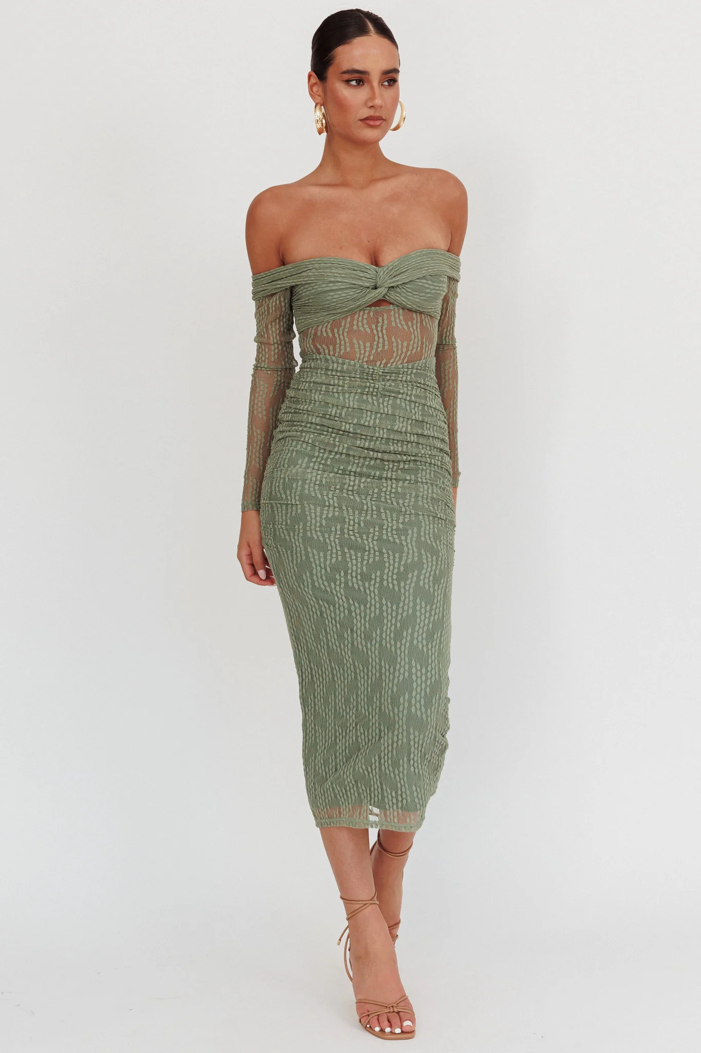 Oliana Off-Shoulder Mesh Maxi Dress Fern