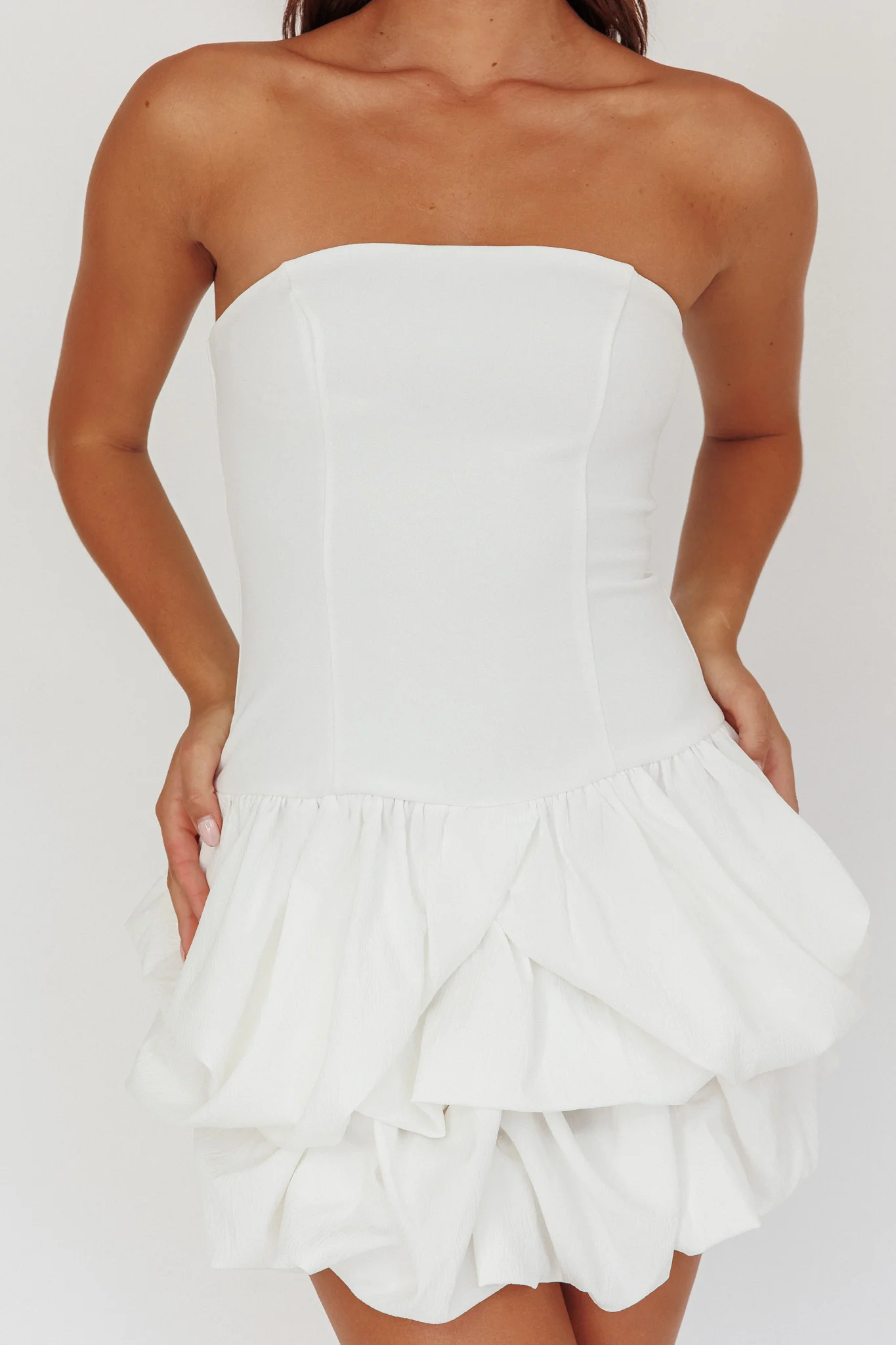 Nefiti Strapless Layered Bubble Hem Dress White