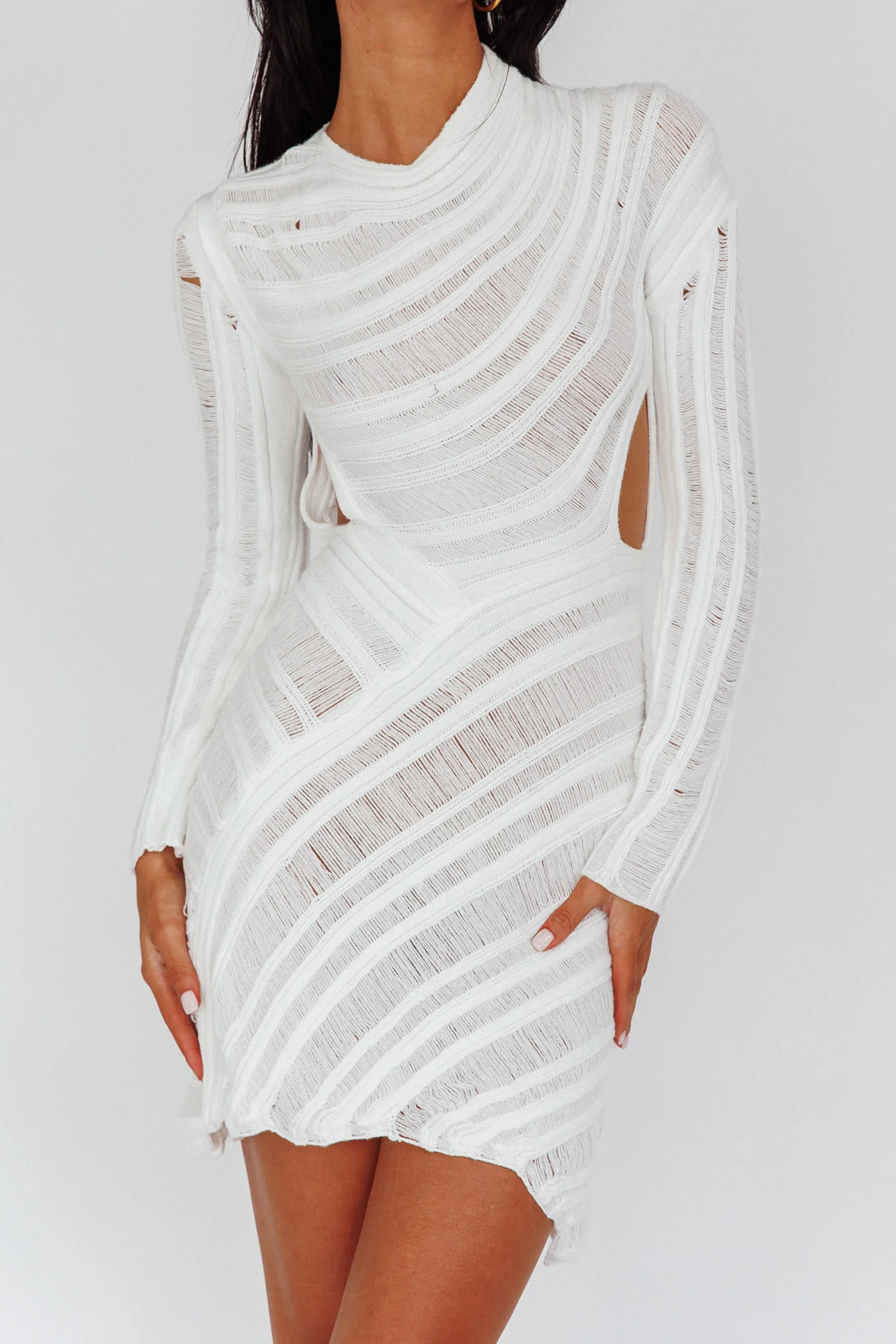 Leyanne Crochet Long Sleeve Cut-Out Mini Dress Ivory