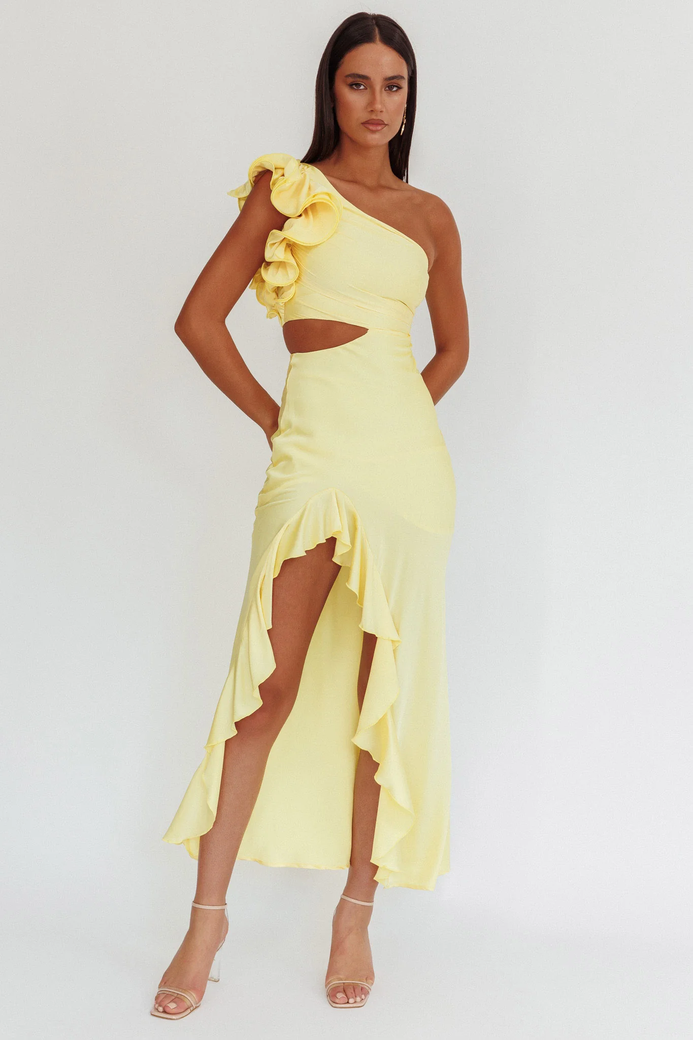 Deanna One-Shoulder Split Maxi Dress Yellow