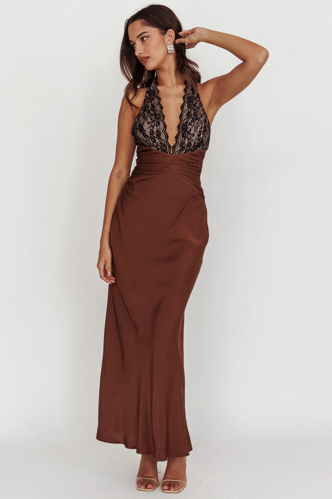Rarity Satin Lace Halterneck Maxi Dress Coffee