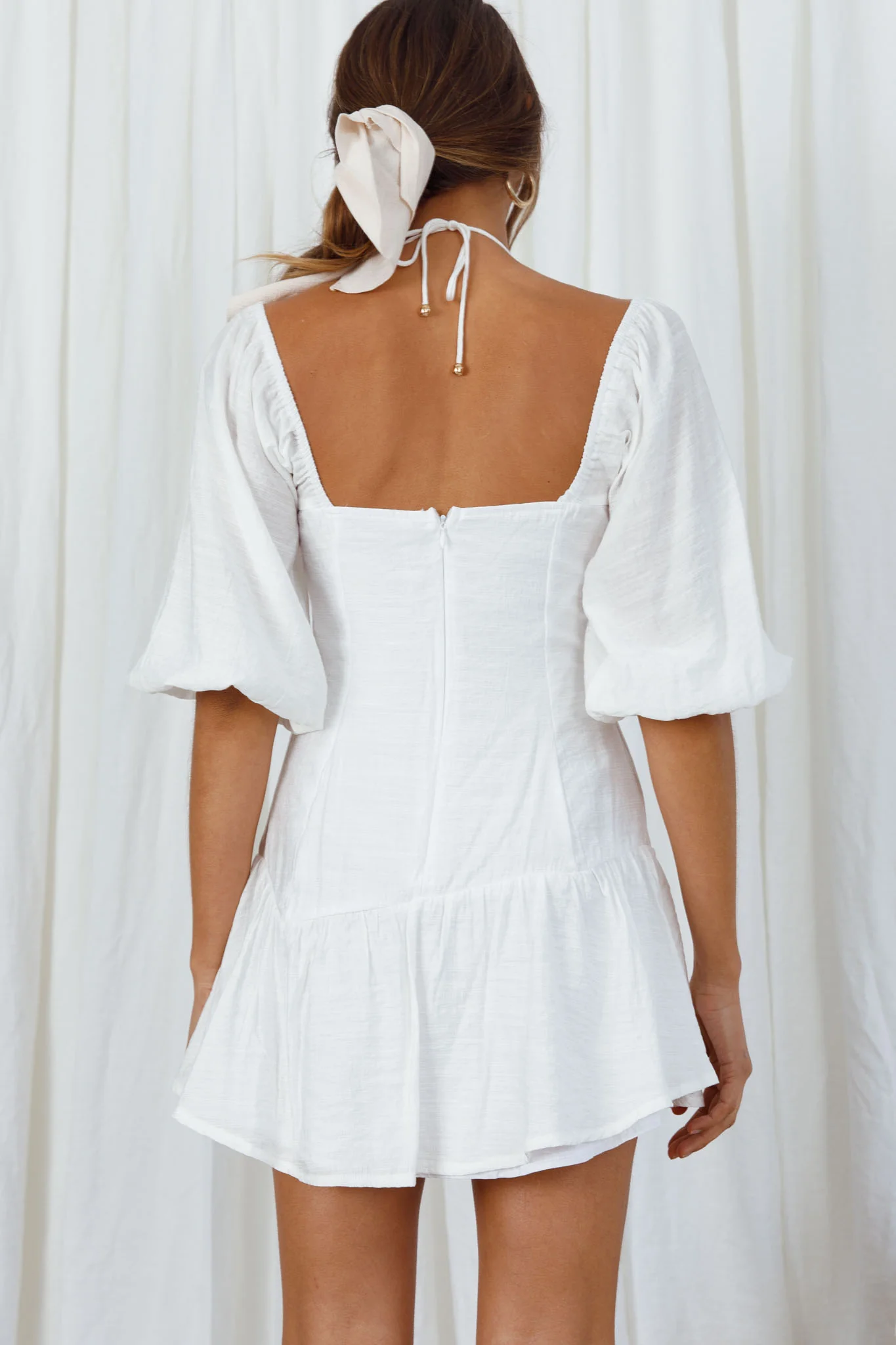 Summertime String-Tie Halterneck Puff Sleeve Mini Dress White