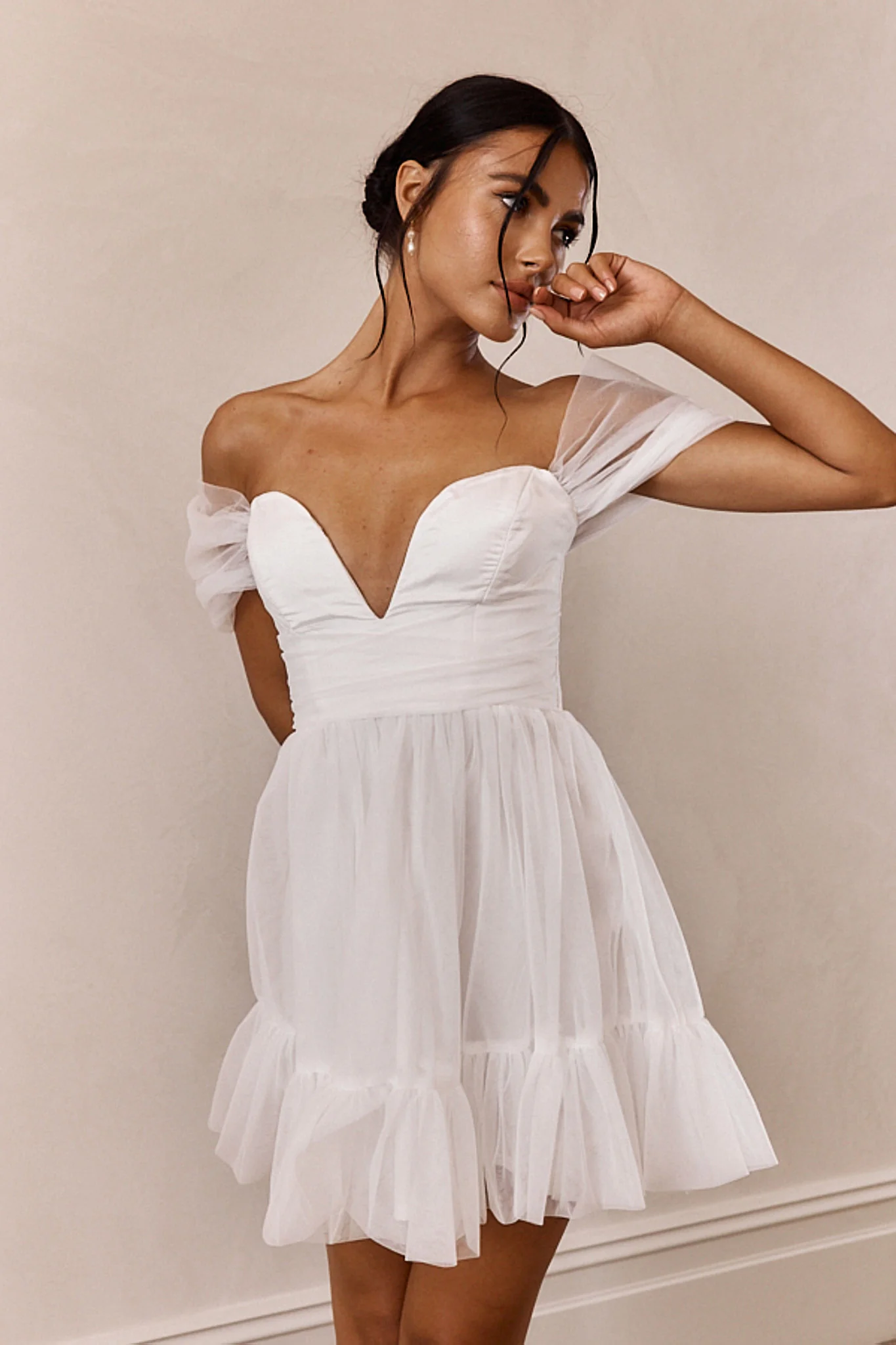 Pixi Off-Shoulder Lace-Up Back Mini Dress White