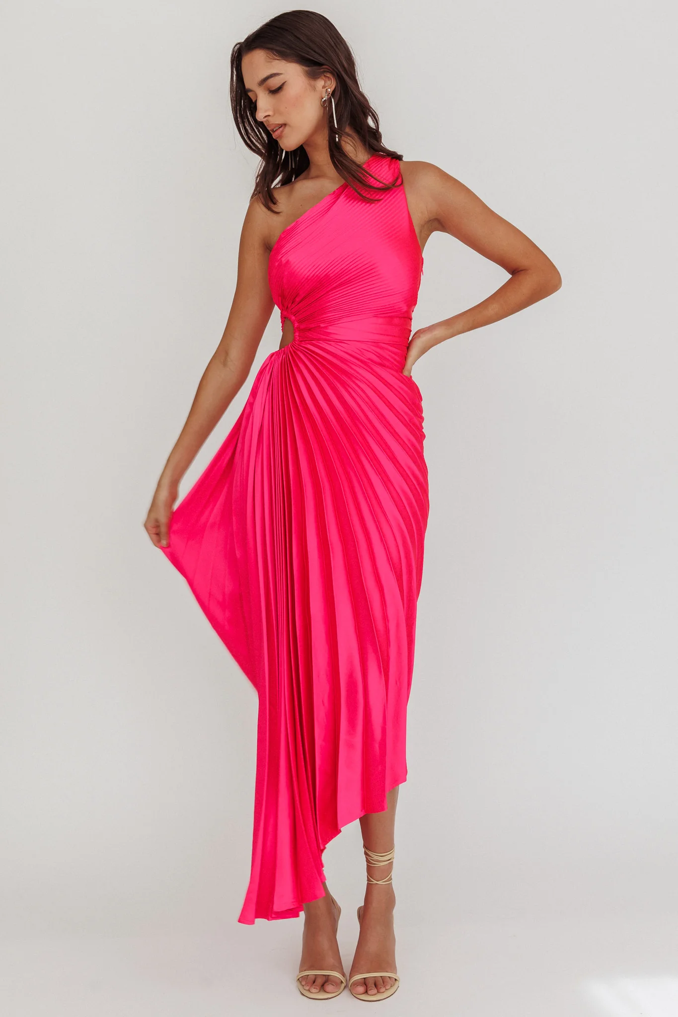 Brooklynn One-Shoulder Accordion Pleat Satin Midi Dress Fuchsia