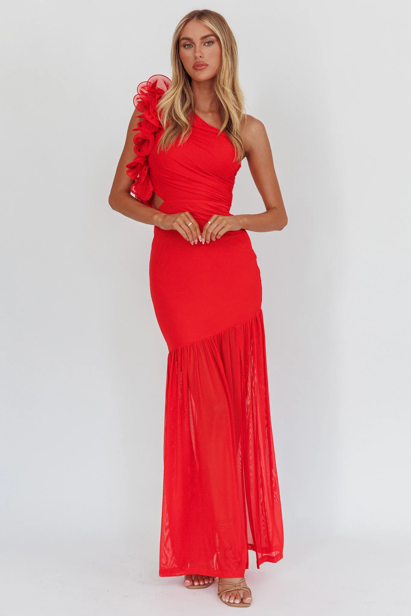Deanna One-Shoulder Sheer Hem Maxi Dress Red