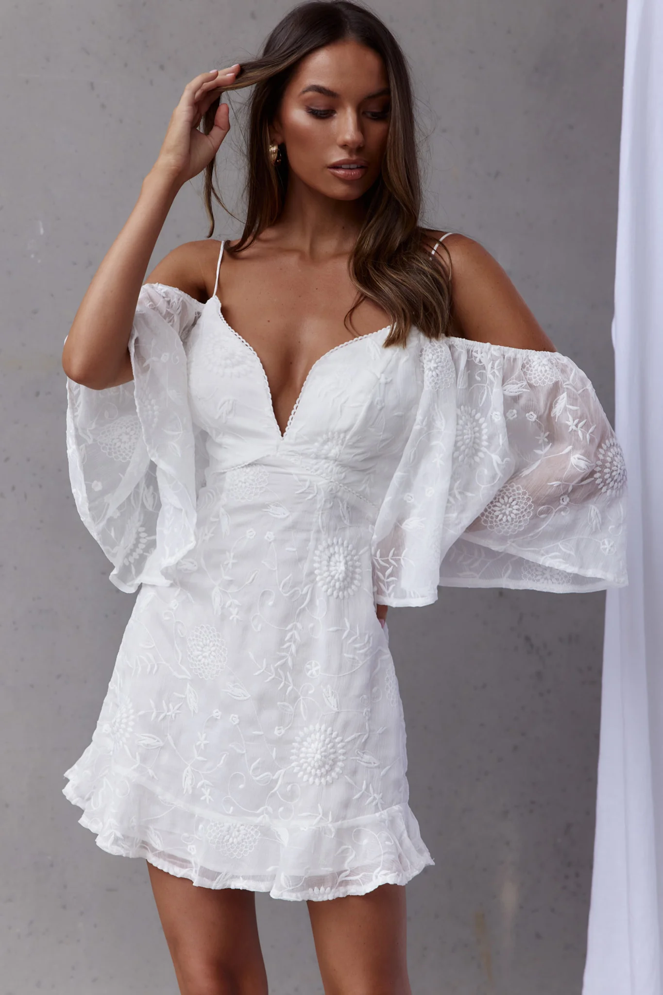 Koda Bell Sleeve Lace-Up Back Mini Dress White